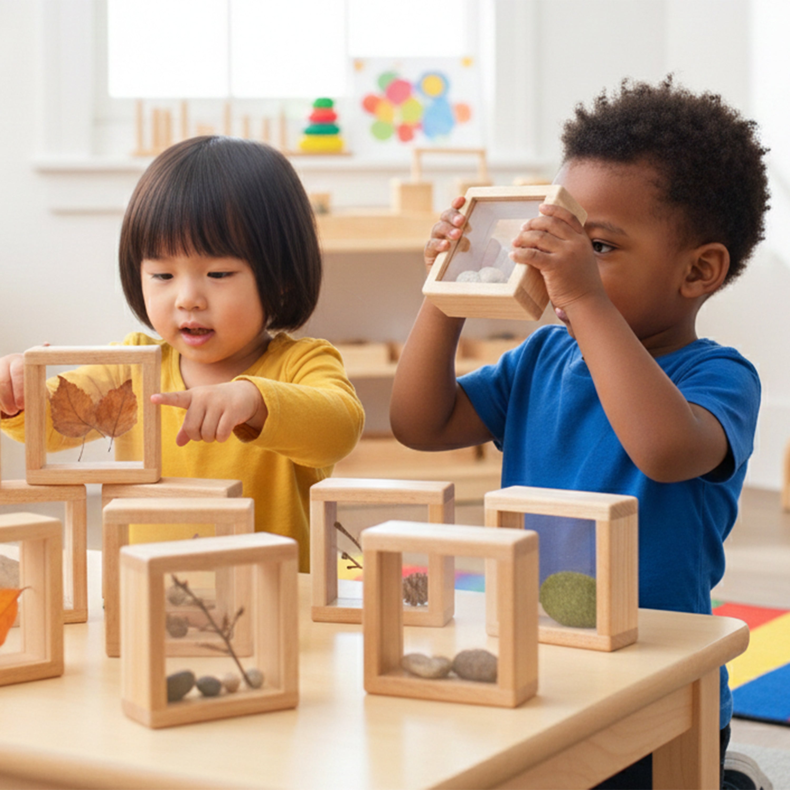 Two children playing with wooden blocks in a classroom setting