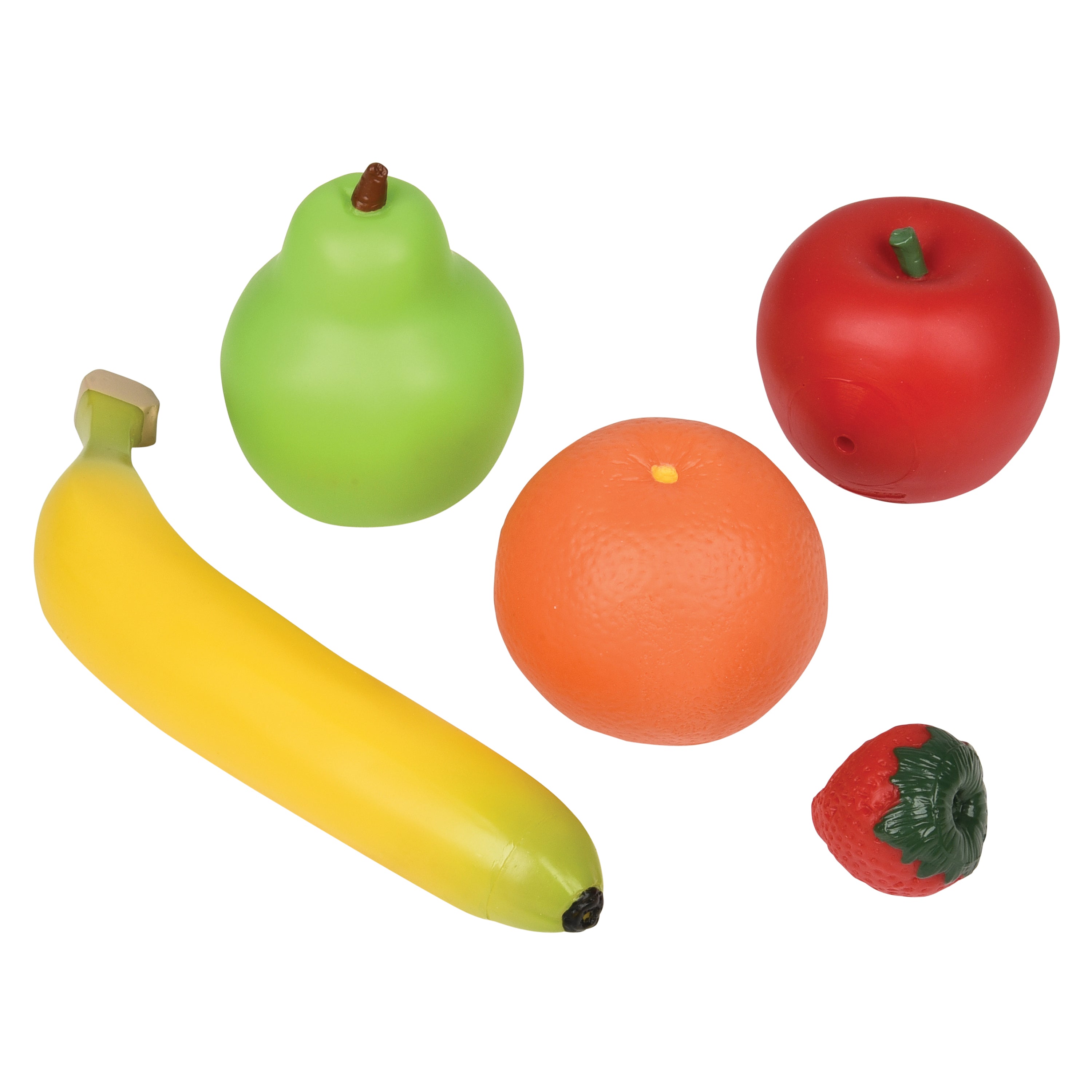 Set of toy fruits including a banana, pear, orange, apple, and strawberry on a white background