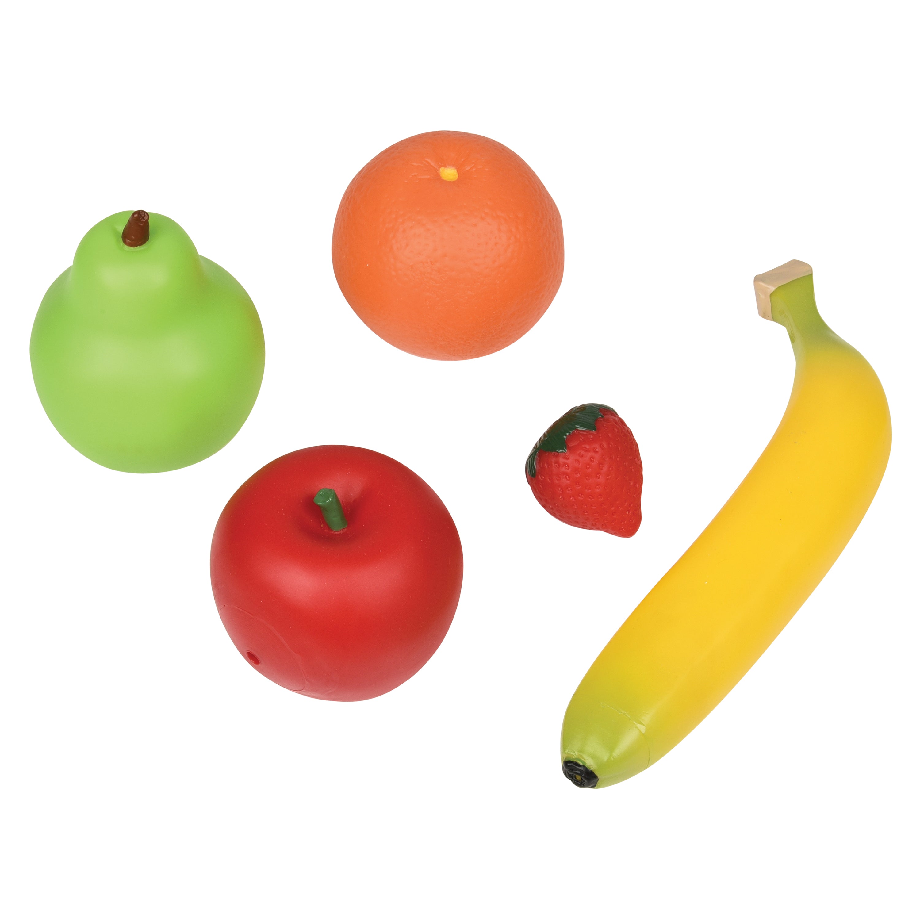 Set of toy fruits including a pear, orange, apple, strawberry, and banana on a white background