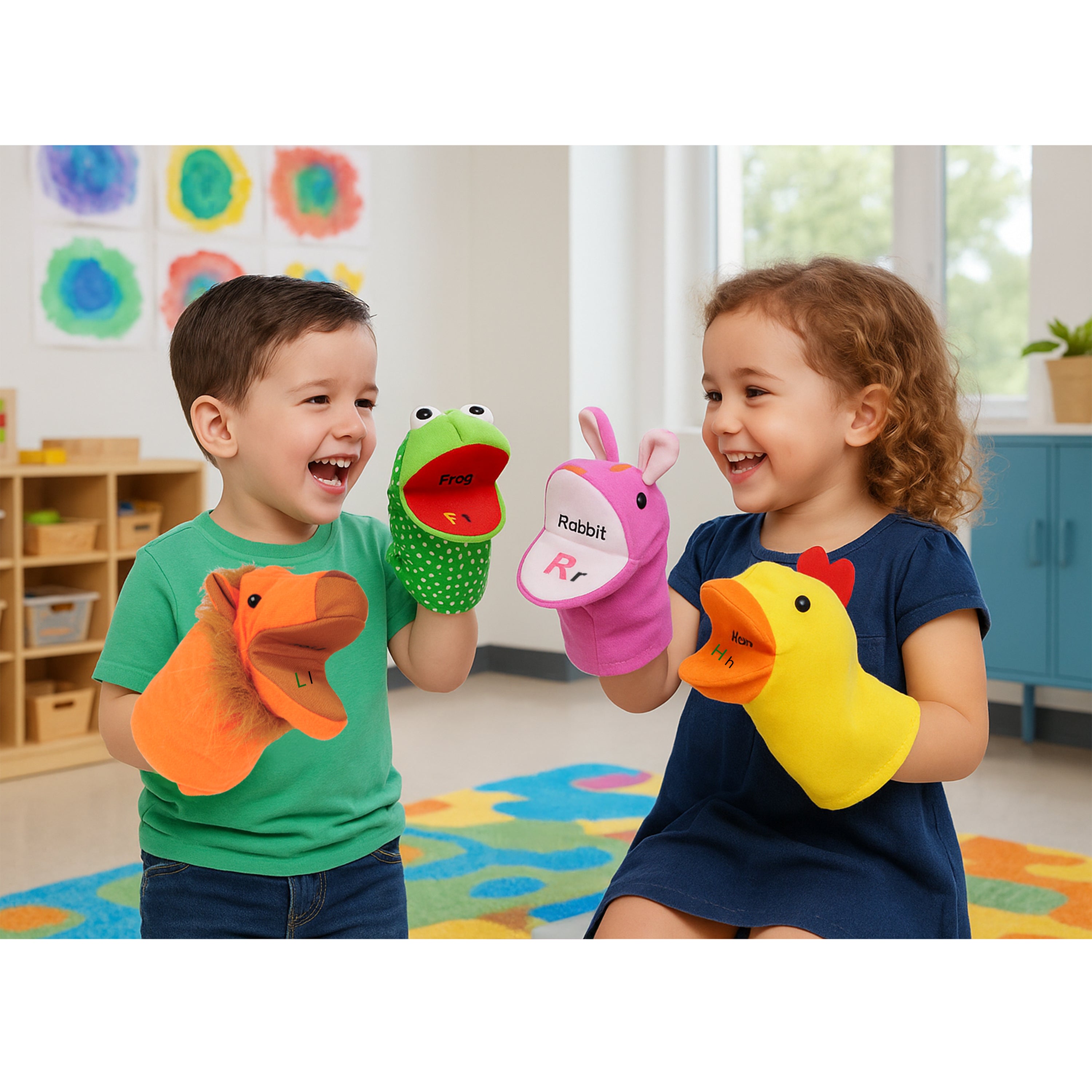 Two children playing with colorful animal-themed gloves in a classroom setting.