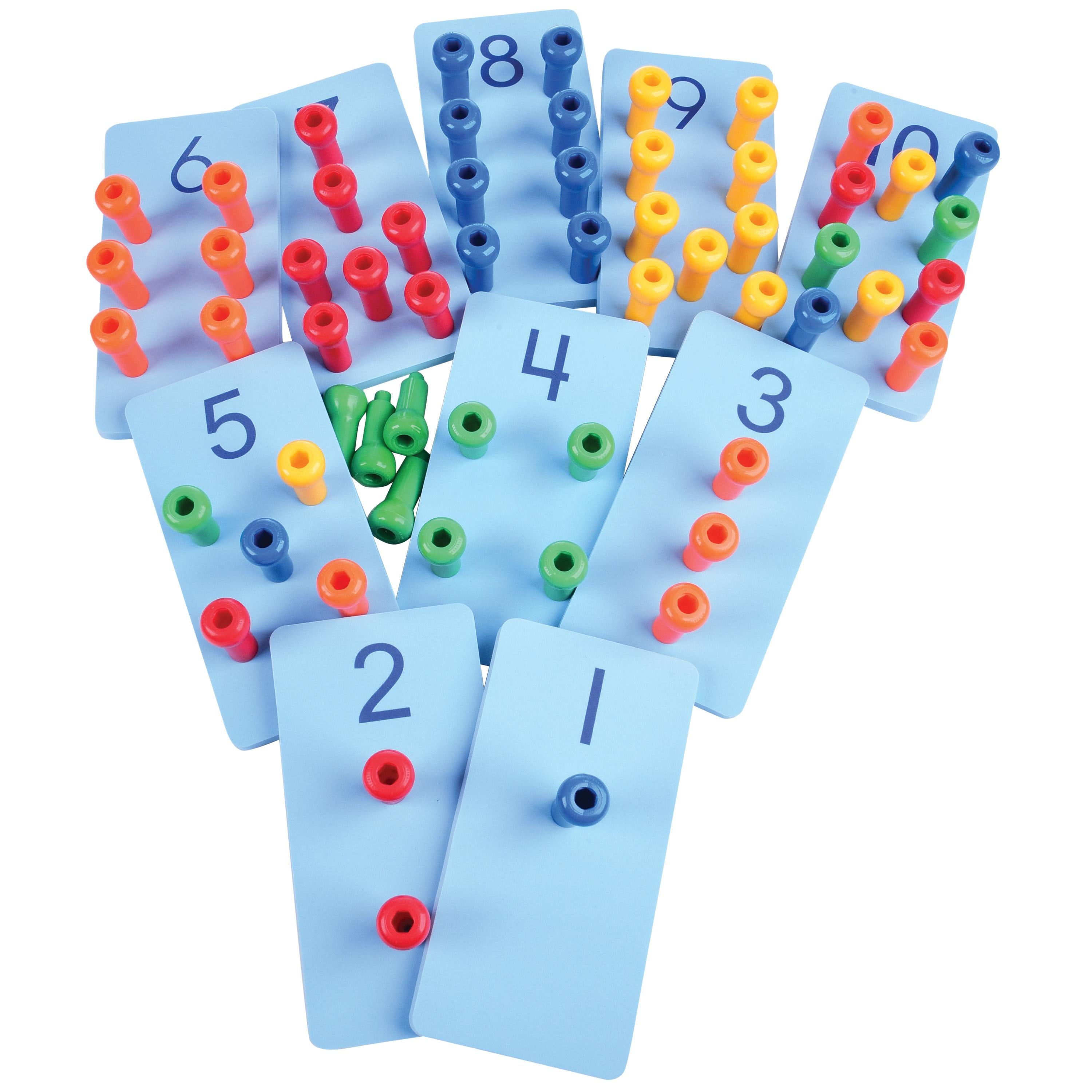 Set of educational number cards with colorful pegs on a white background