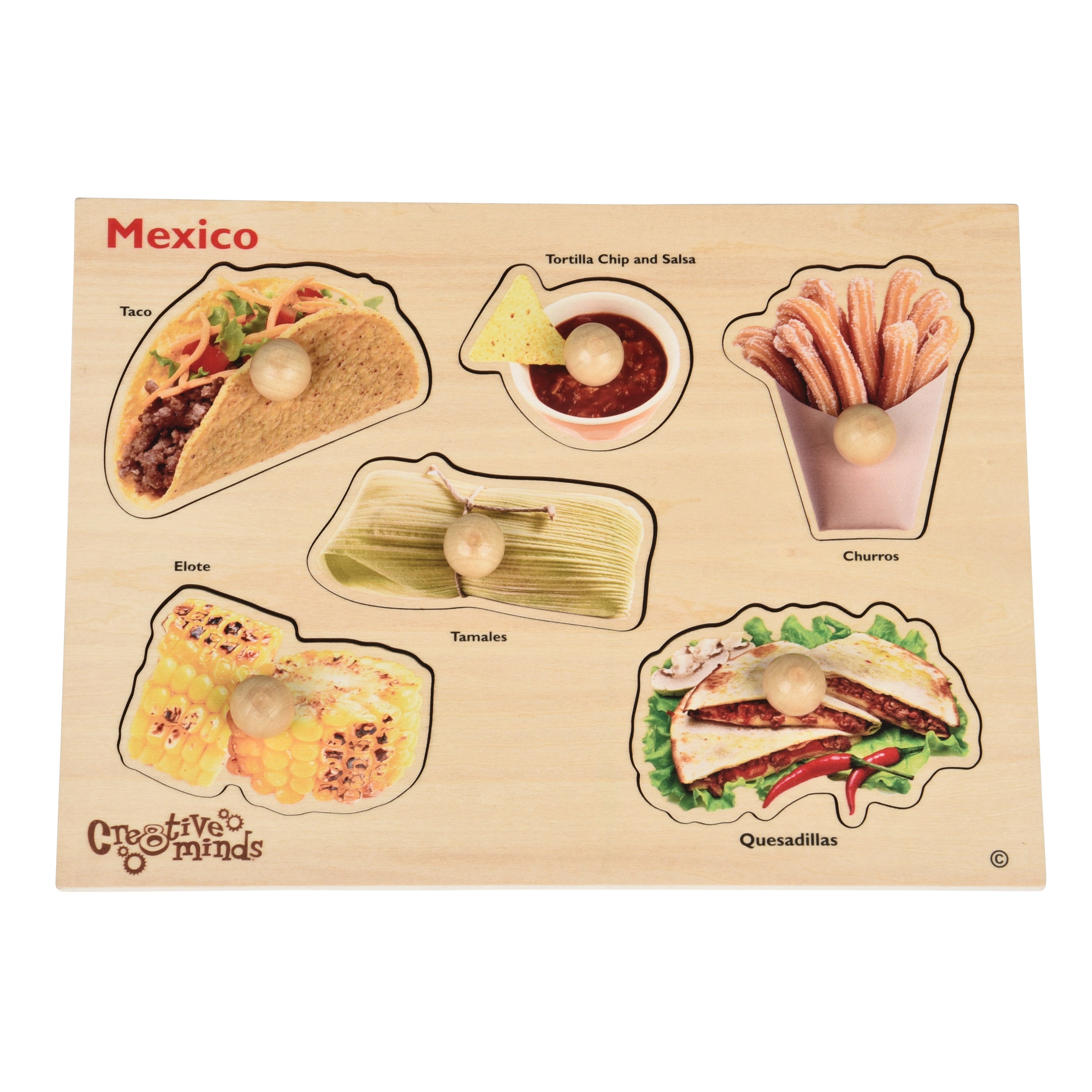 Wooden puzzle with images of Mexican food items on a beige background