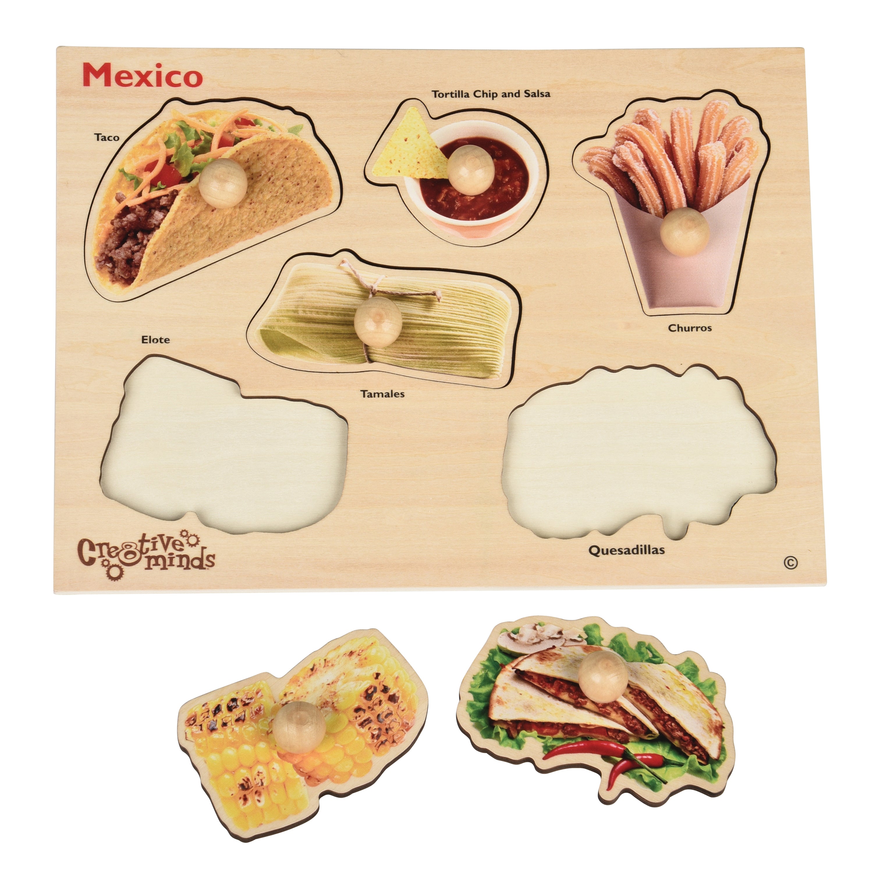 Wooden puzzle with images of Mexican food items and 'Creative Minds' branding.