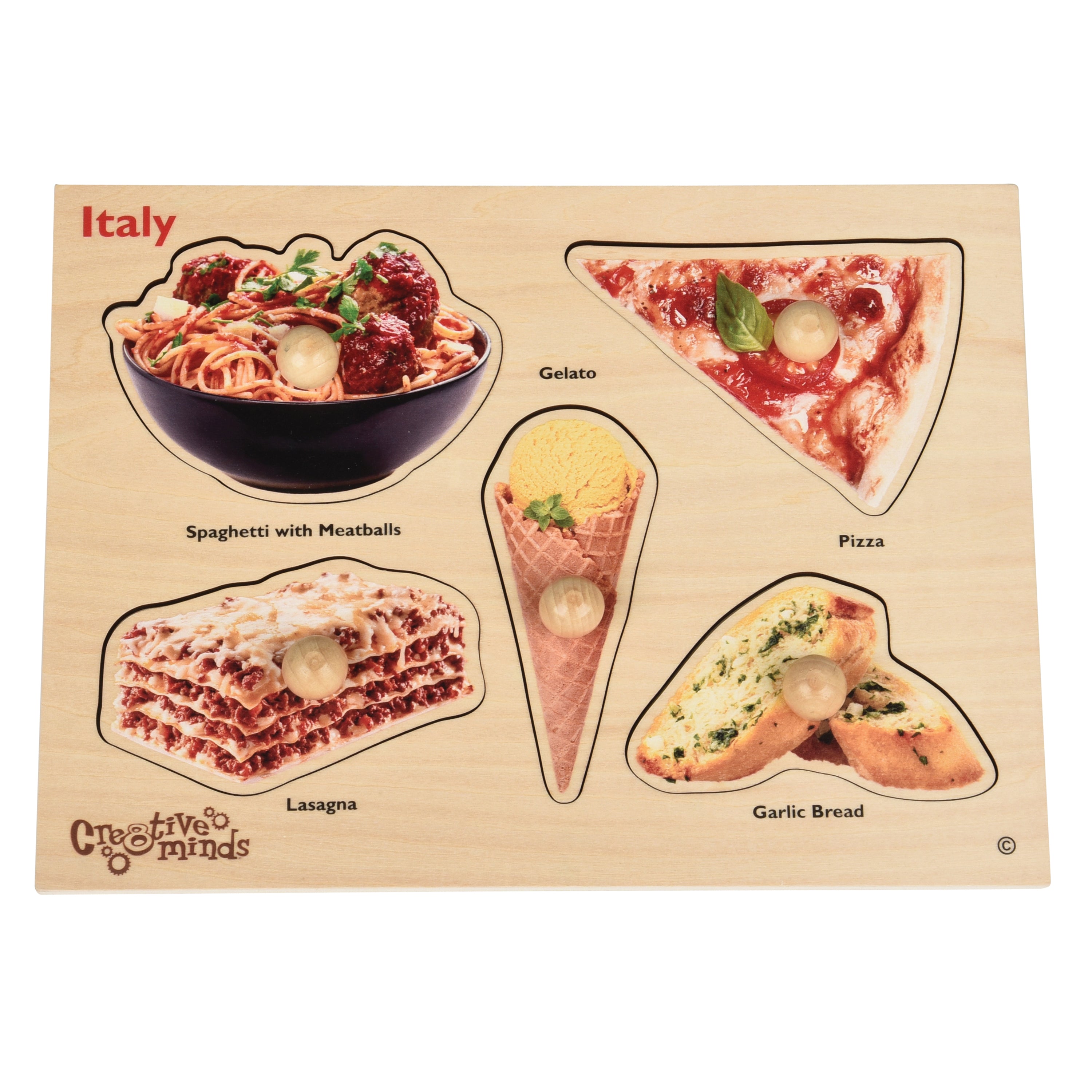 Educational puzzle with Italian food illustrations and labels on a beige background.