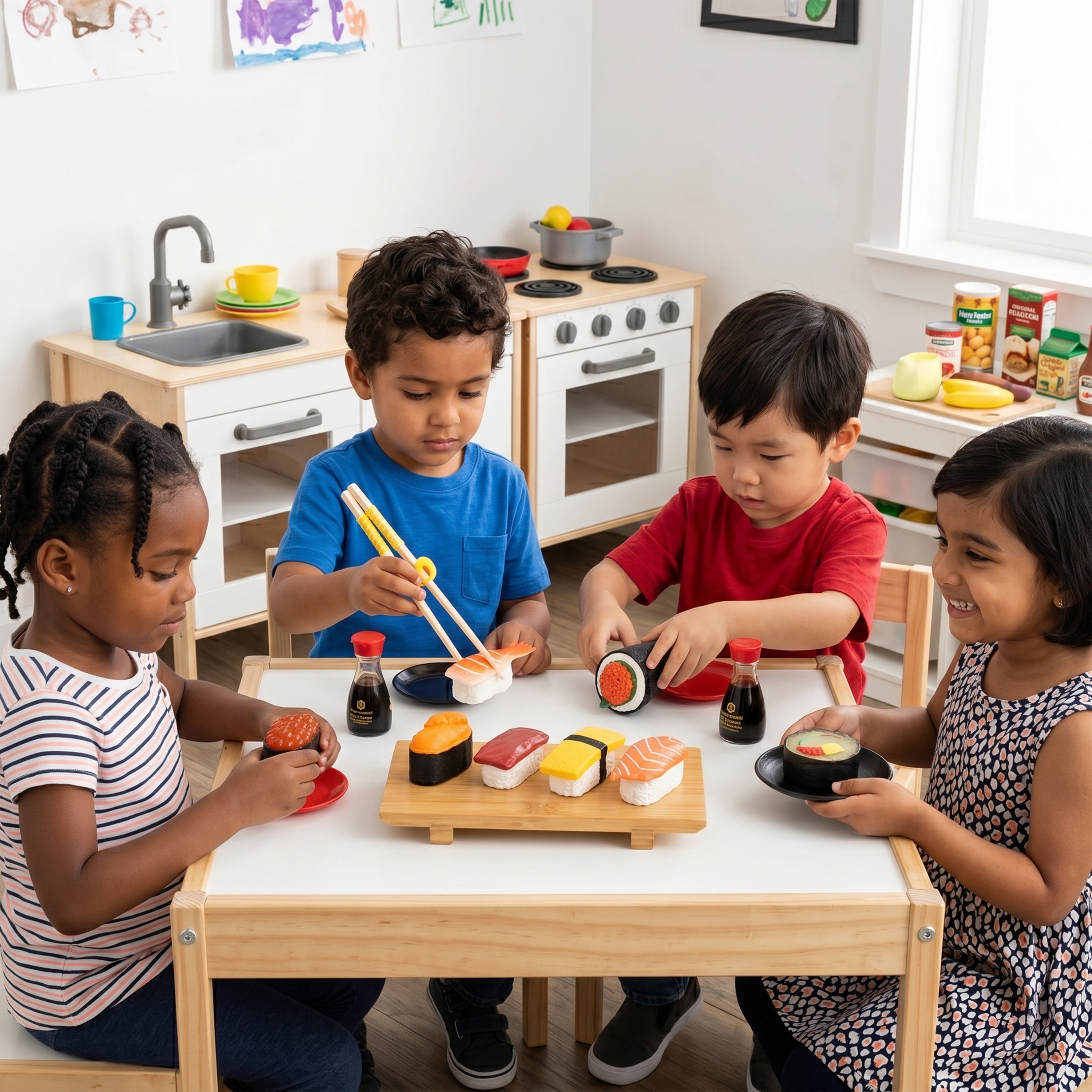 Children playing with toy food at a table in a classroom setting