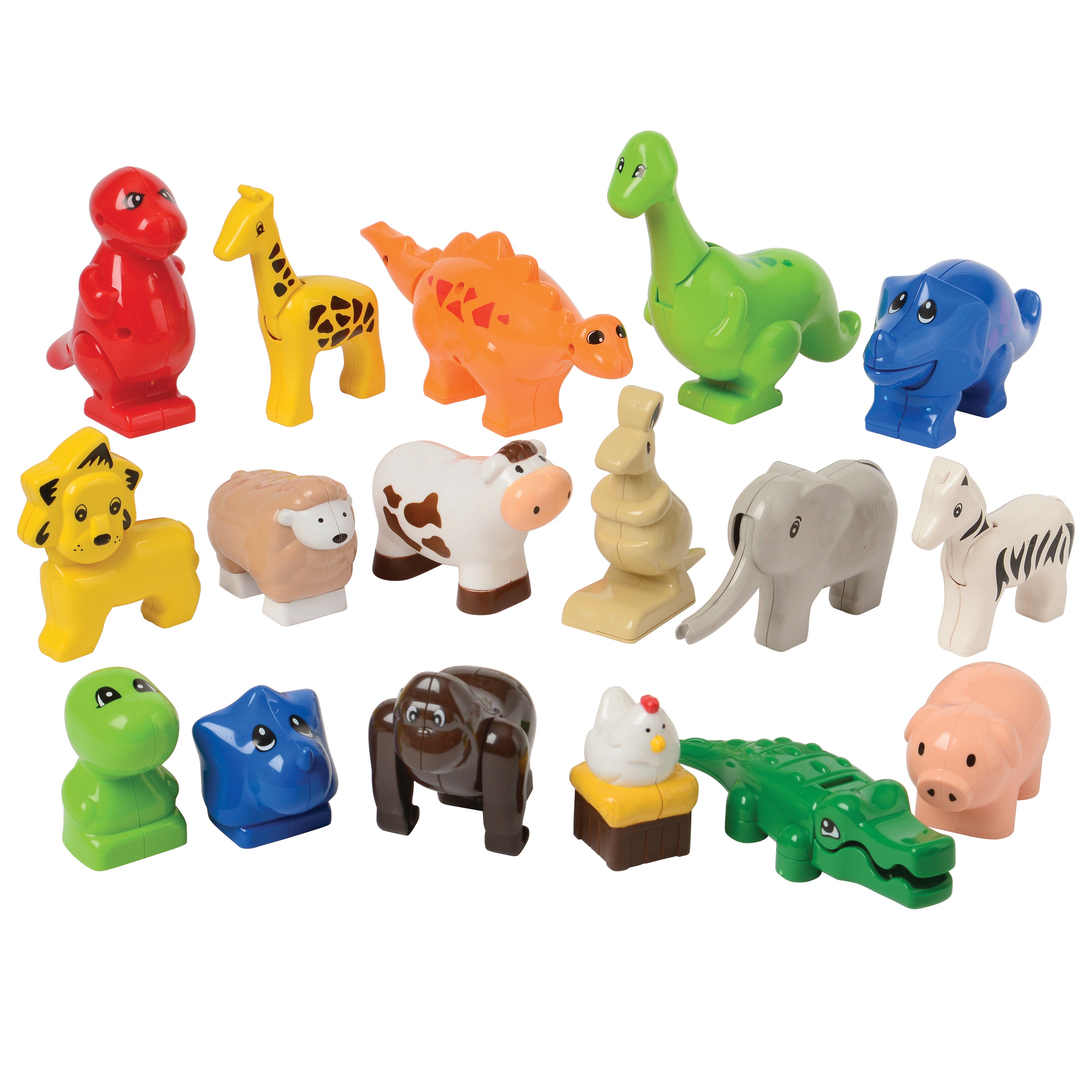 A set of colorful plastic animal figures designed for preschool building brick play, including various dinosaurs, wild animals, and farm animals.