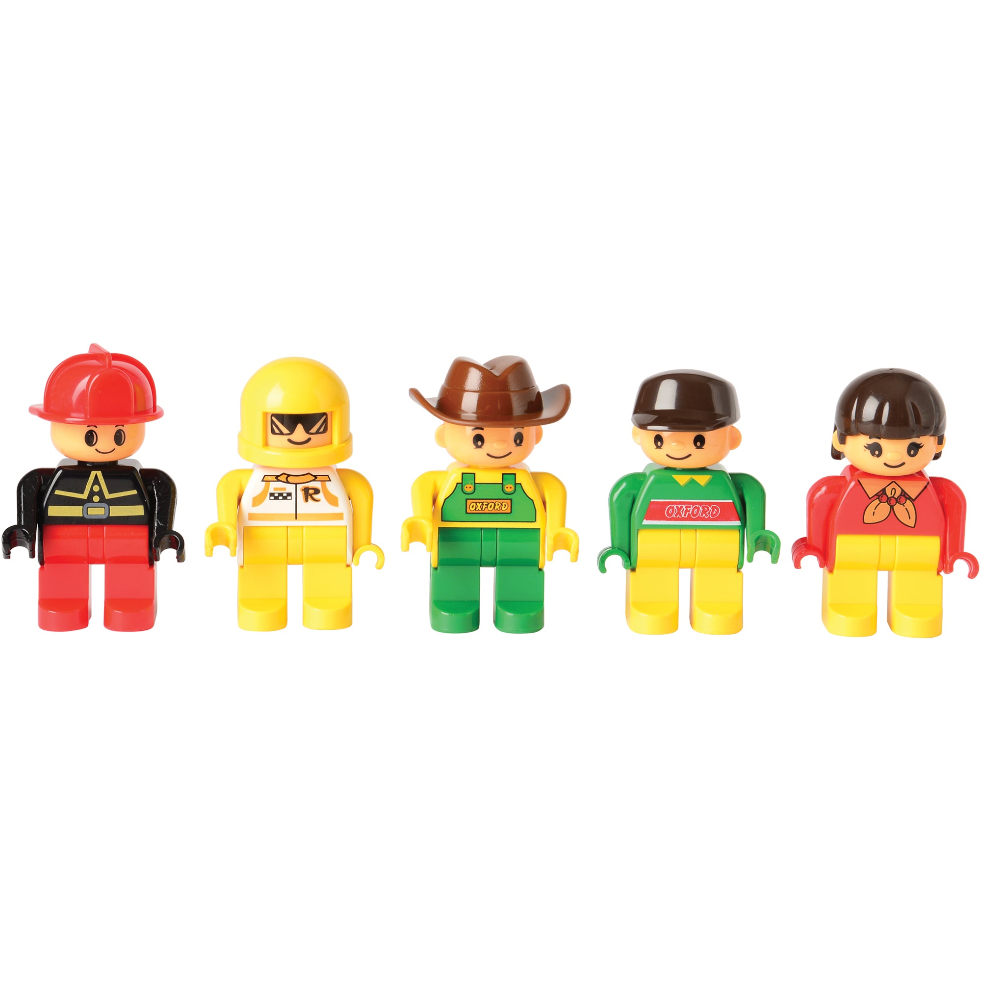 Set of five colorful toy figures with different outfits on a white background