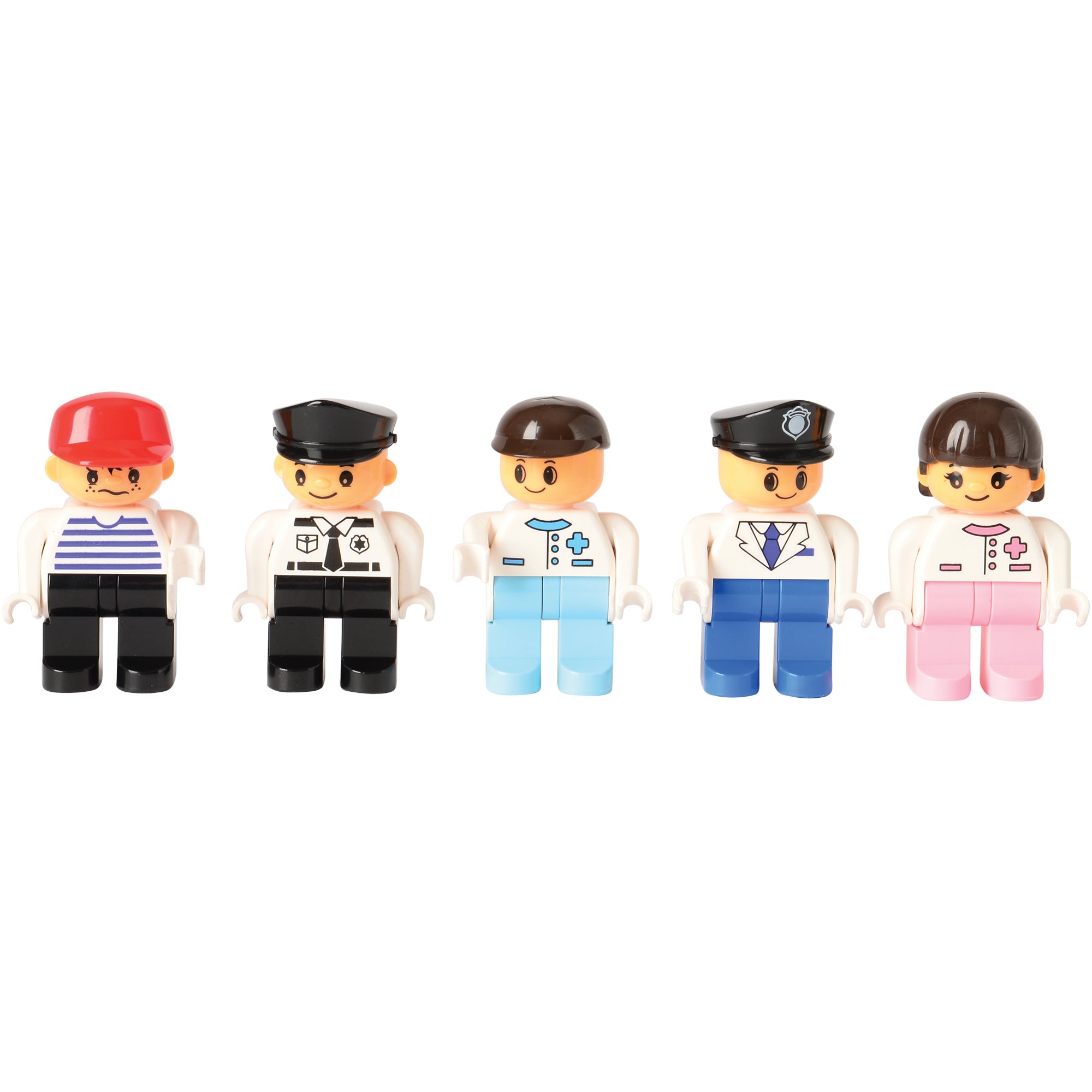 Five toy figures in different outfits on a white background