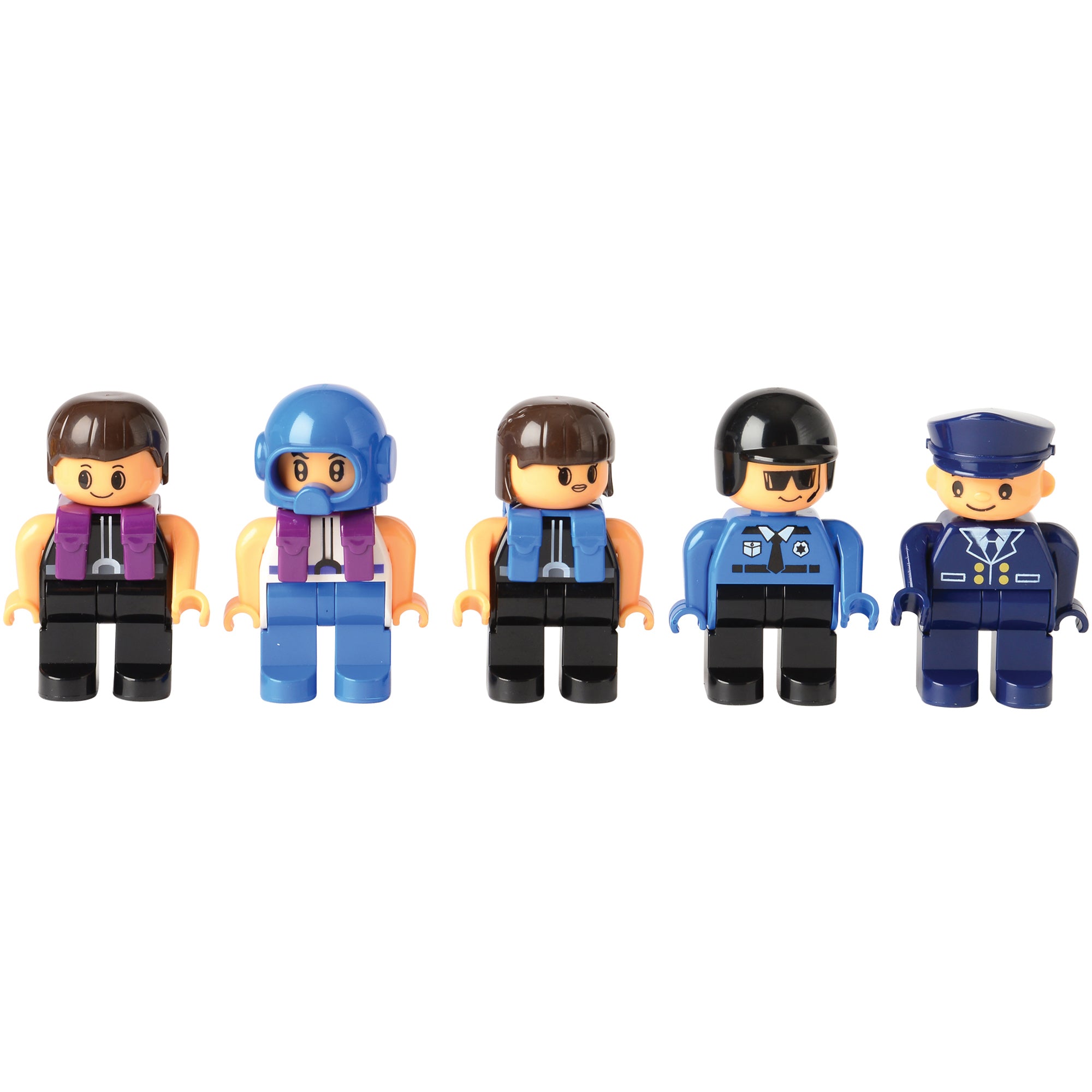 Five toy figures in police uniforms on a white background