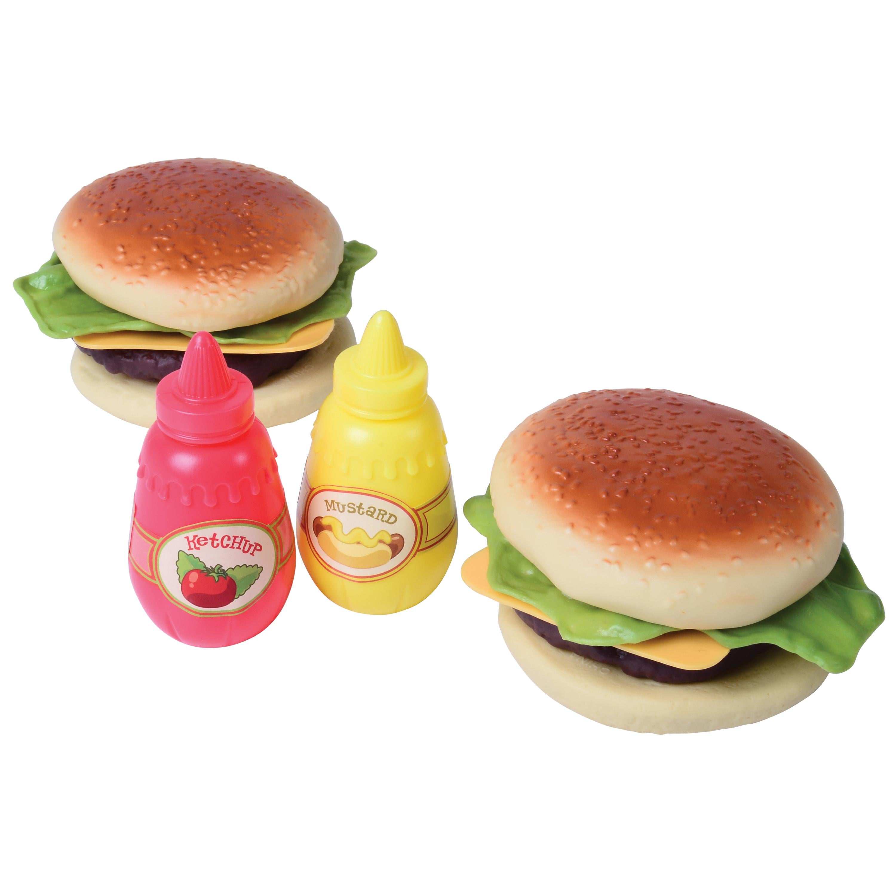 Toy hamburger set with condiment bottles on a white background