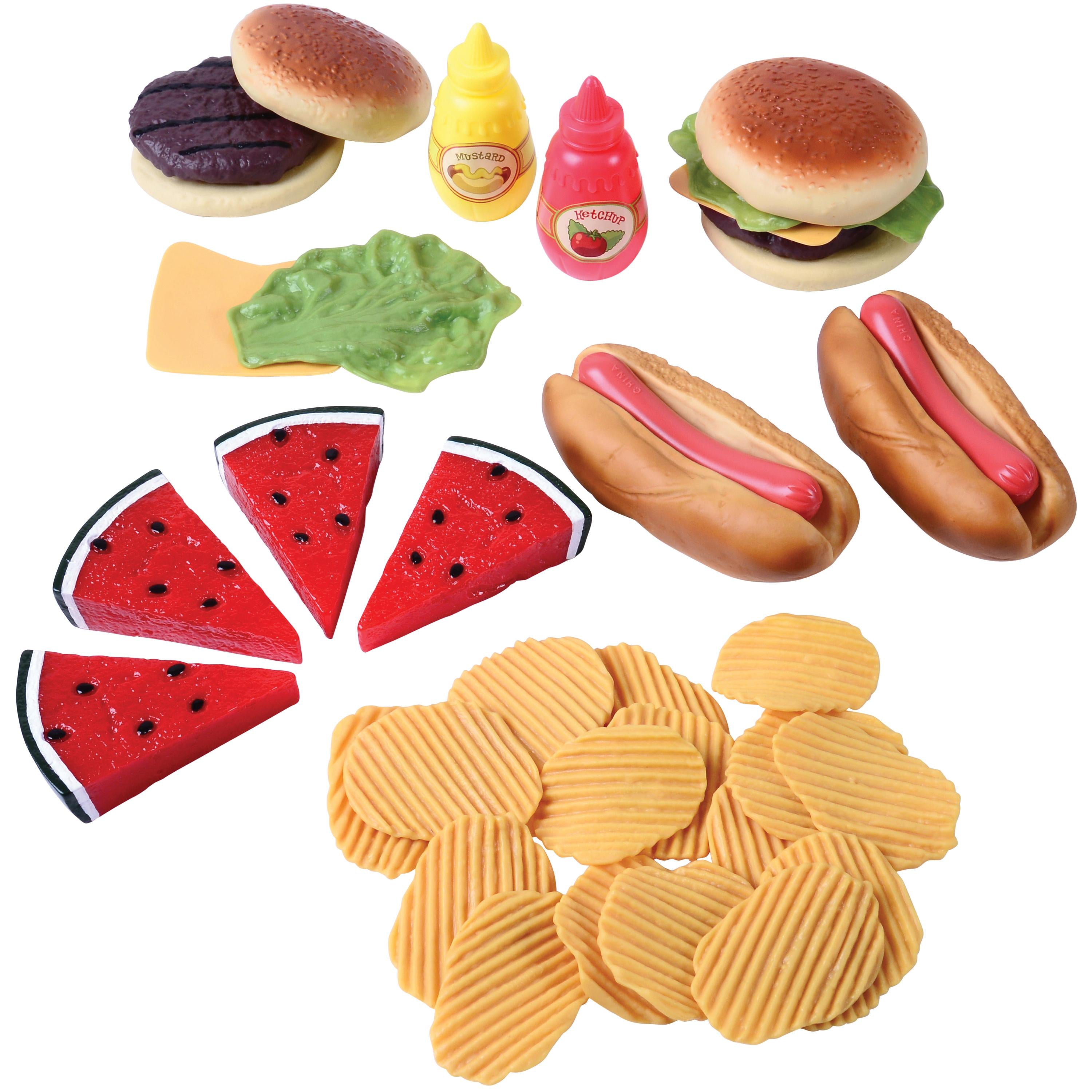 Assorted toy food items including hamburgers, hot dogs, chips, and watermelon on a white background