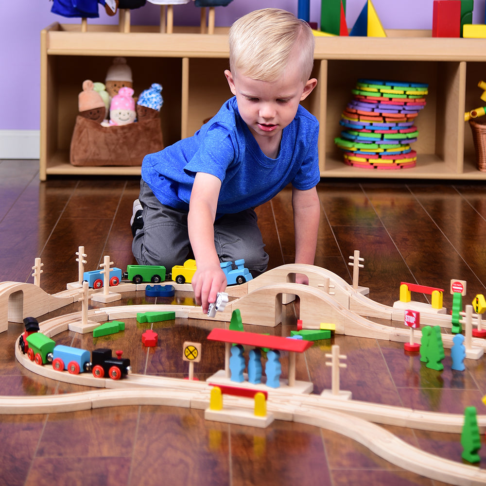 55-Piece Magnetic Wooden Train Set with Tracks, Bridges & Accessories