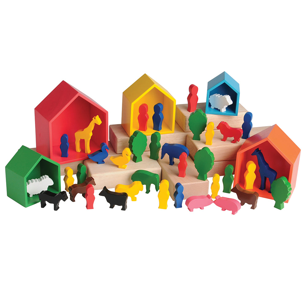 Colorful Wooden Nesting Houses & Block Figures