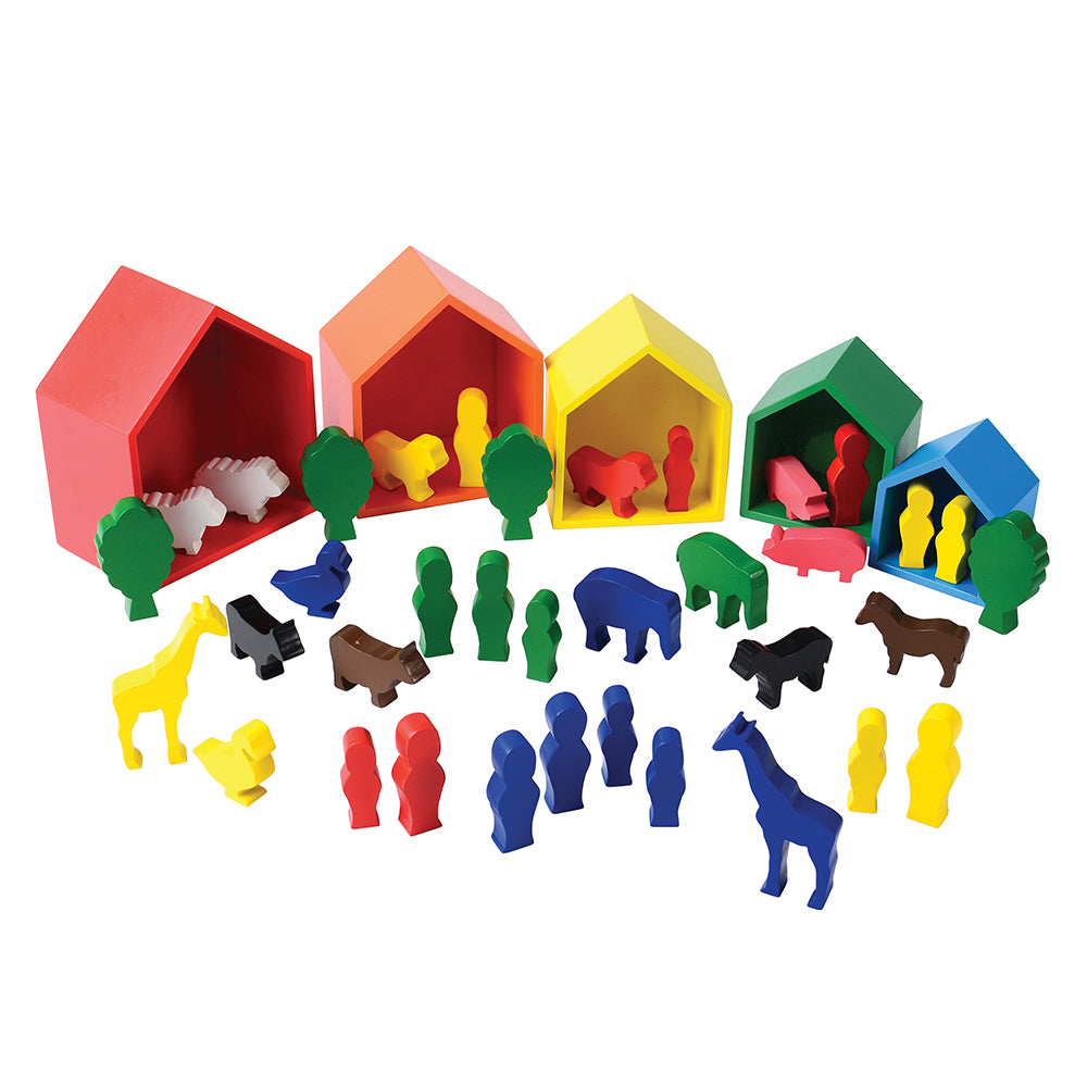 Brightly Colored Wooden Nesting Houses & Figures