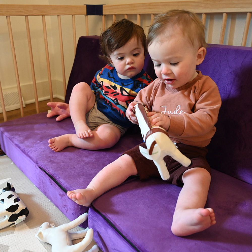 Two Toddlers Interacting with Soft Vinyl Farm Animals
