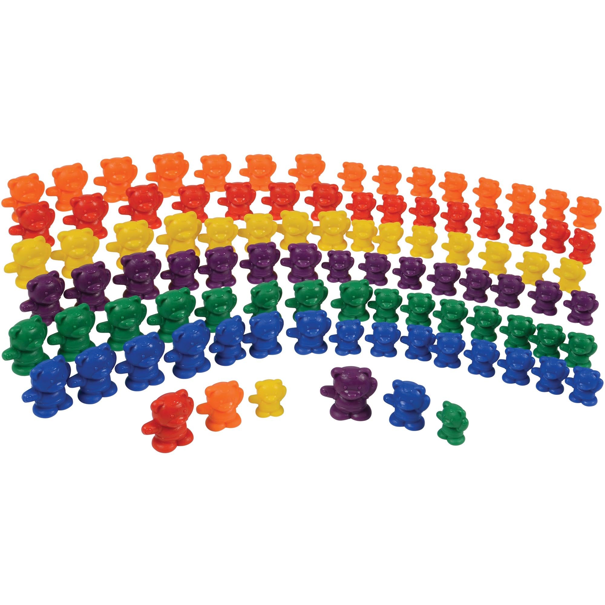 Colorful plastic bears arranged in a rainbow pattern on a white background