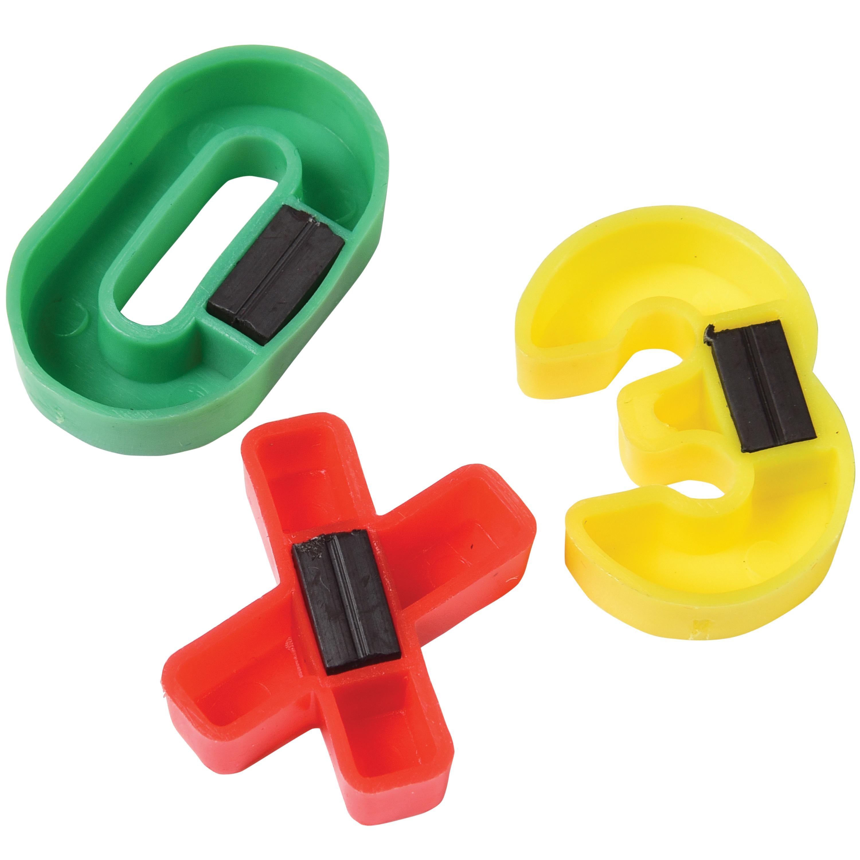 Three colorful plastic clips (green, red, yellow) with black clips on a white background