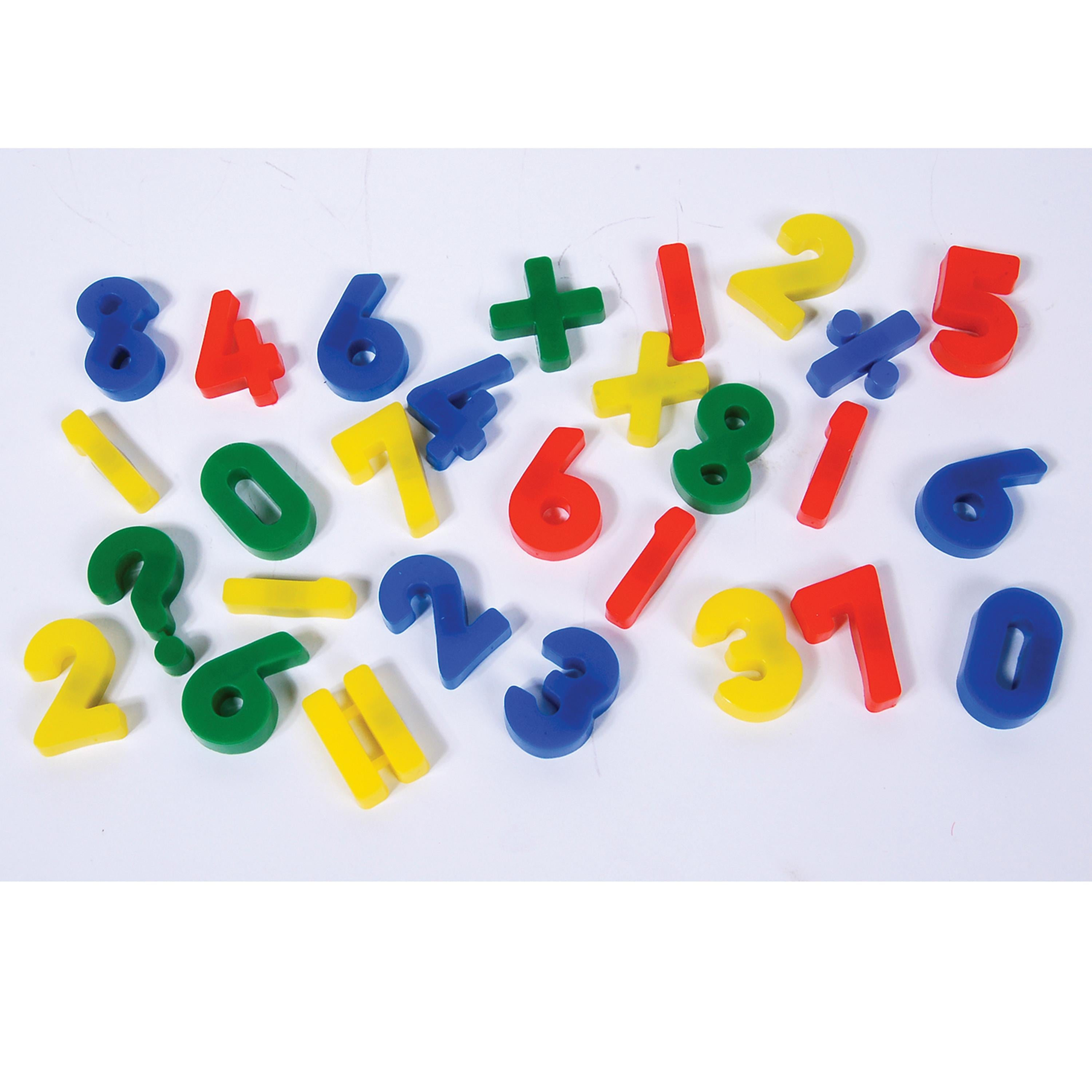 Colorful magnetic numbers and symbols on a white background
