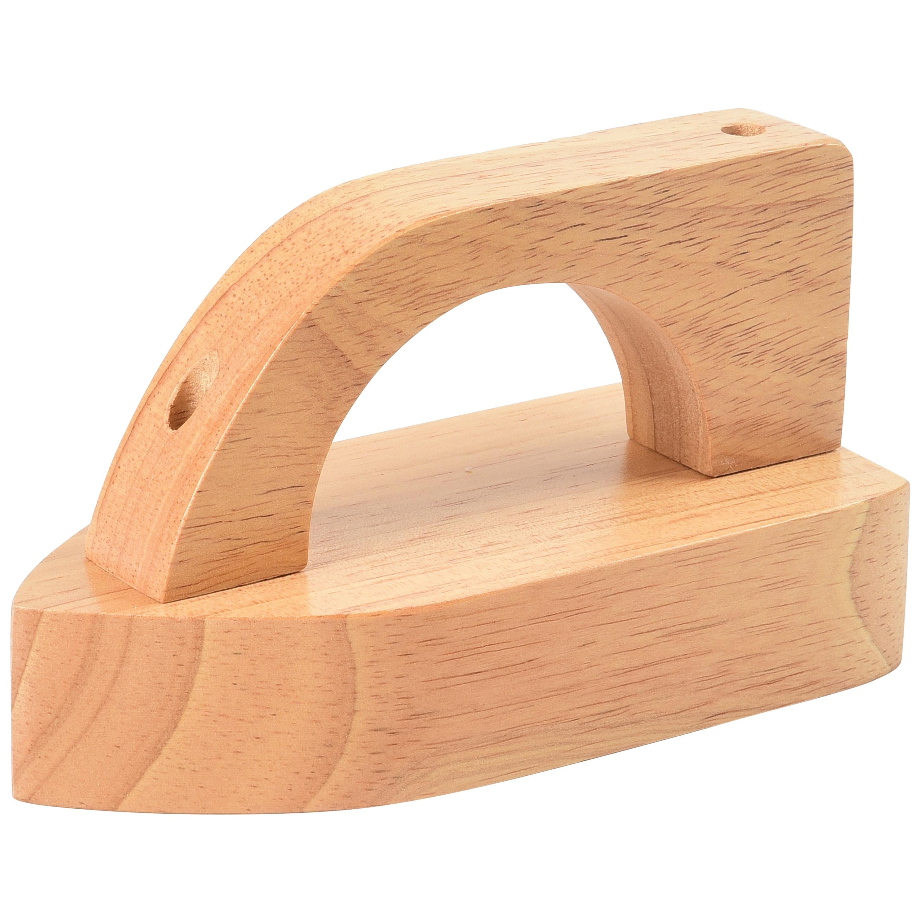 Wooden pretend iron with a handle on a white background