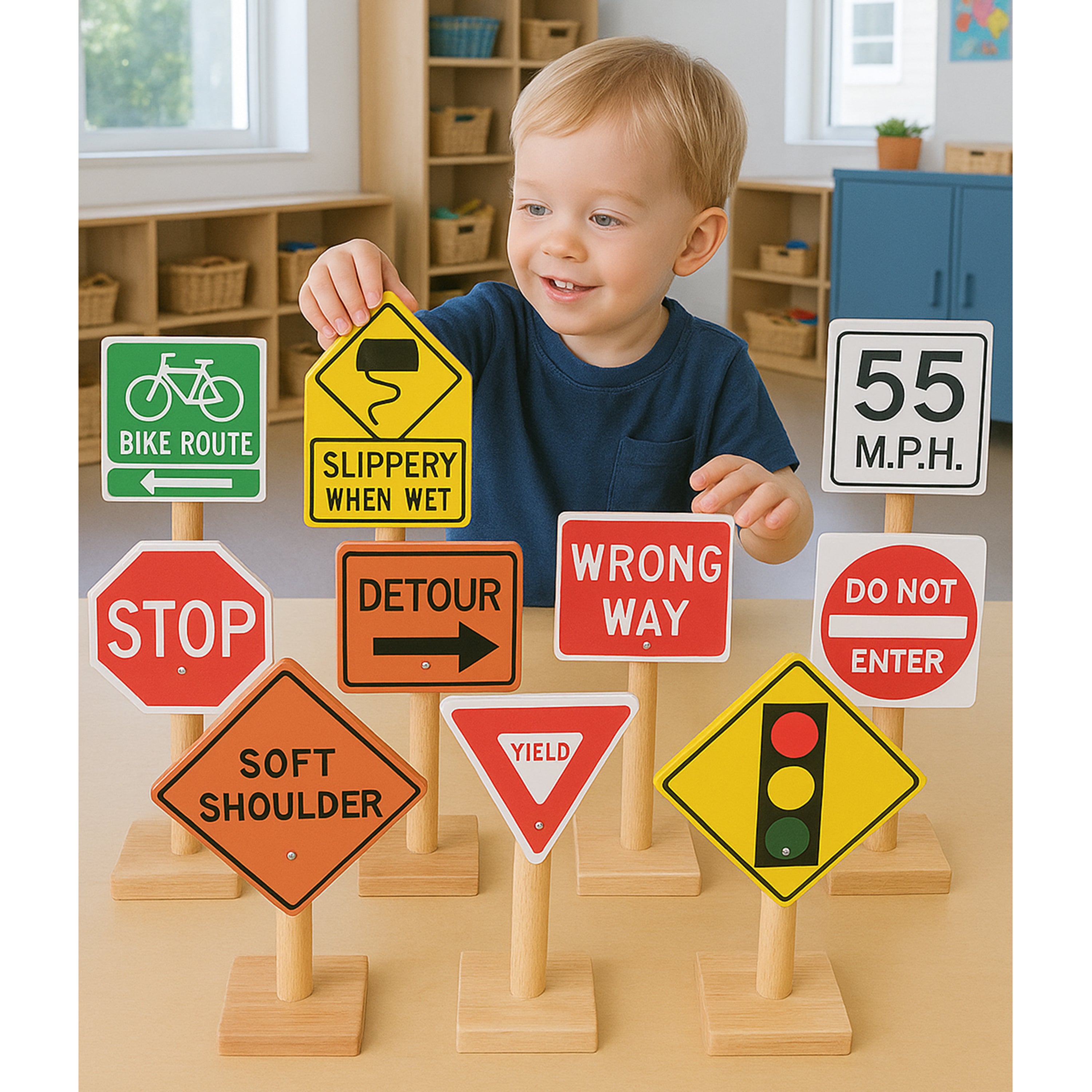 12-Piece Large Wooden International Traffic Sign Set | 11" Signs on 3" Bases for Classroom Safety Learning
