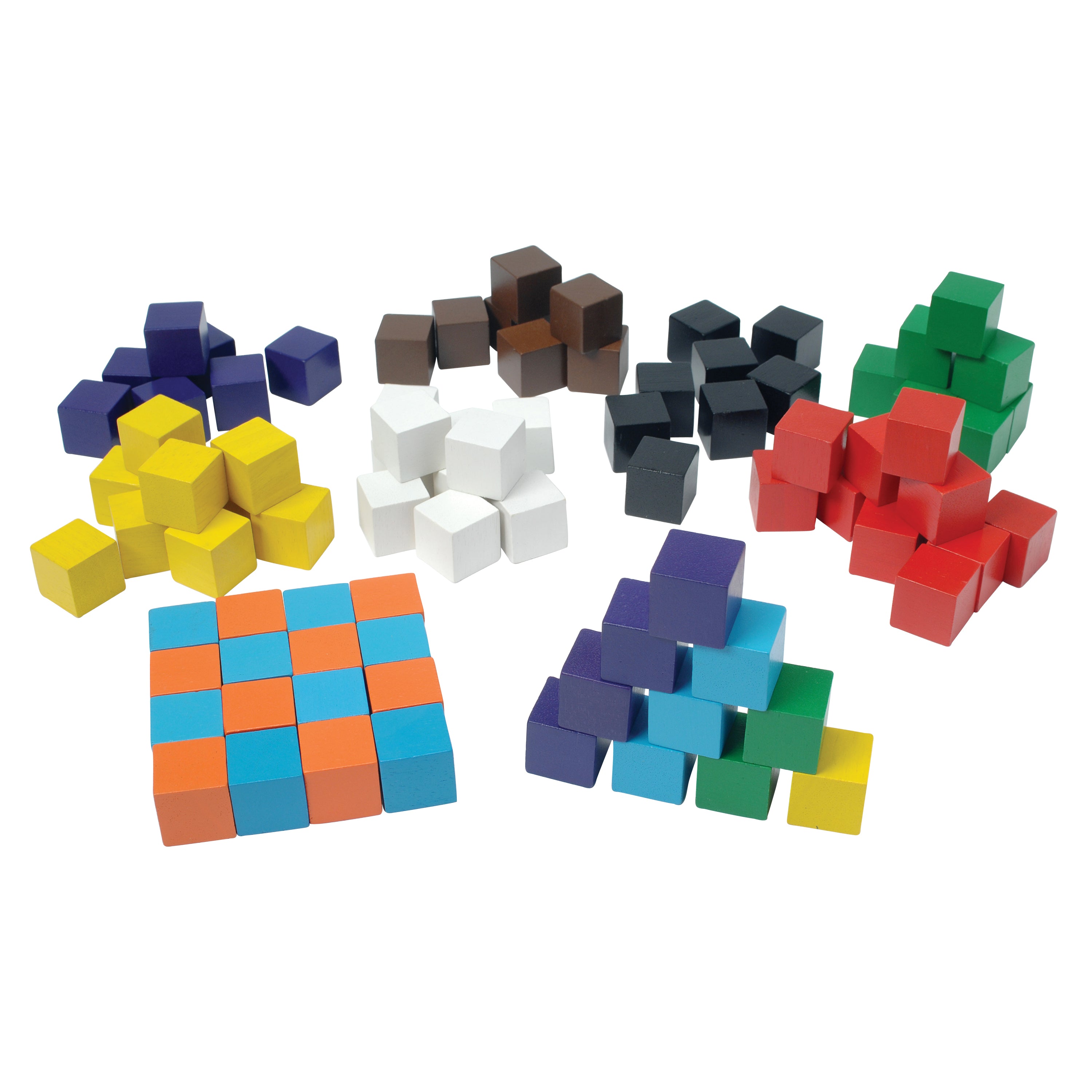 Colorful building blocks in various shapes and colors on a white background