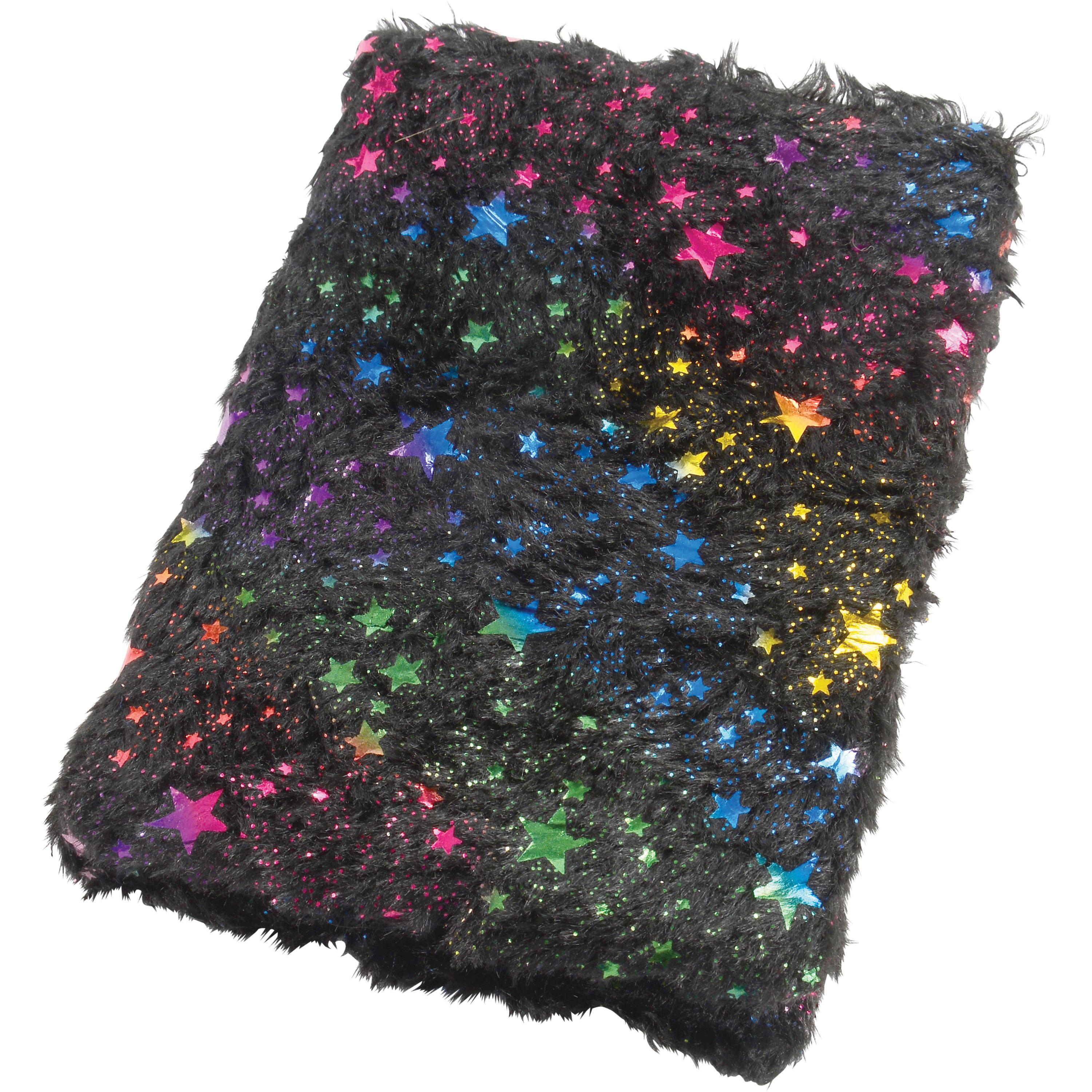 A black fuzzy notebook covered in scattered glittery star sequins in multiple colors, shown on a plain white background.