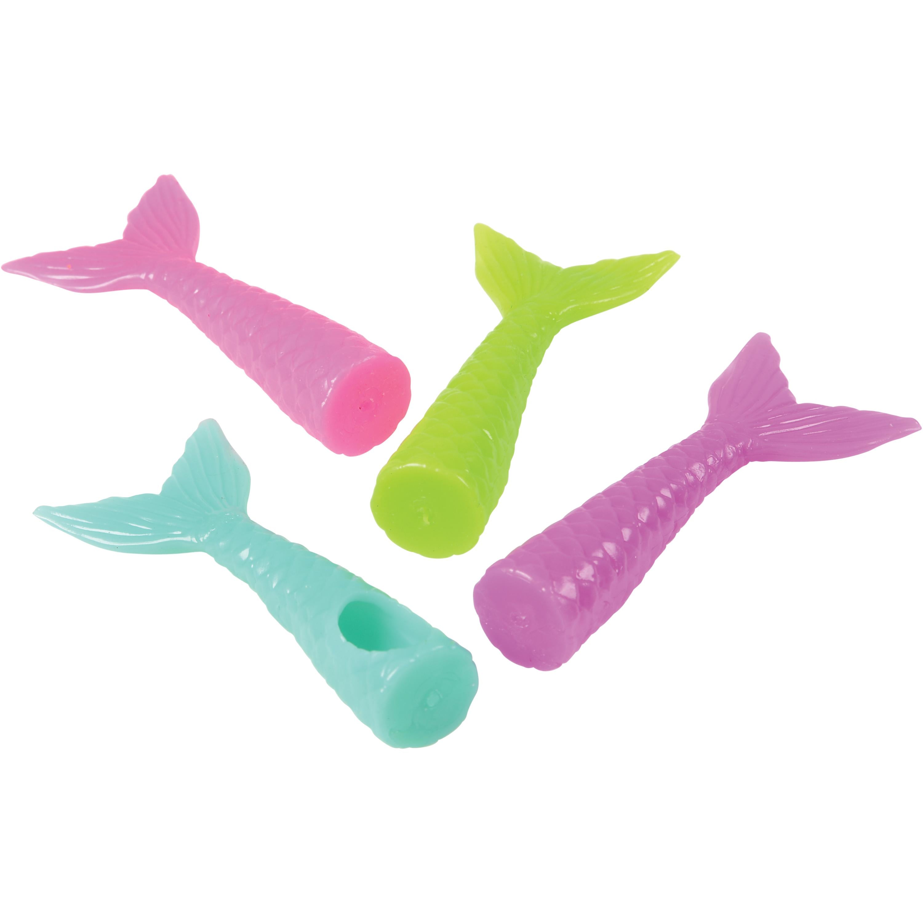 Four plastic mermaid tail-shaped items in pink, lime green, aqua, and purple, arranged on a plain white background.