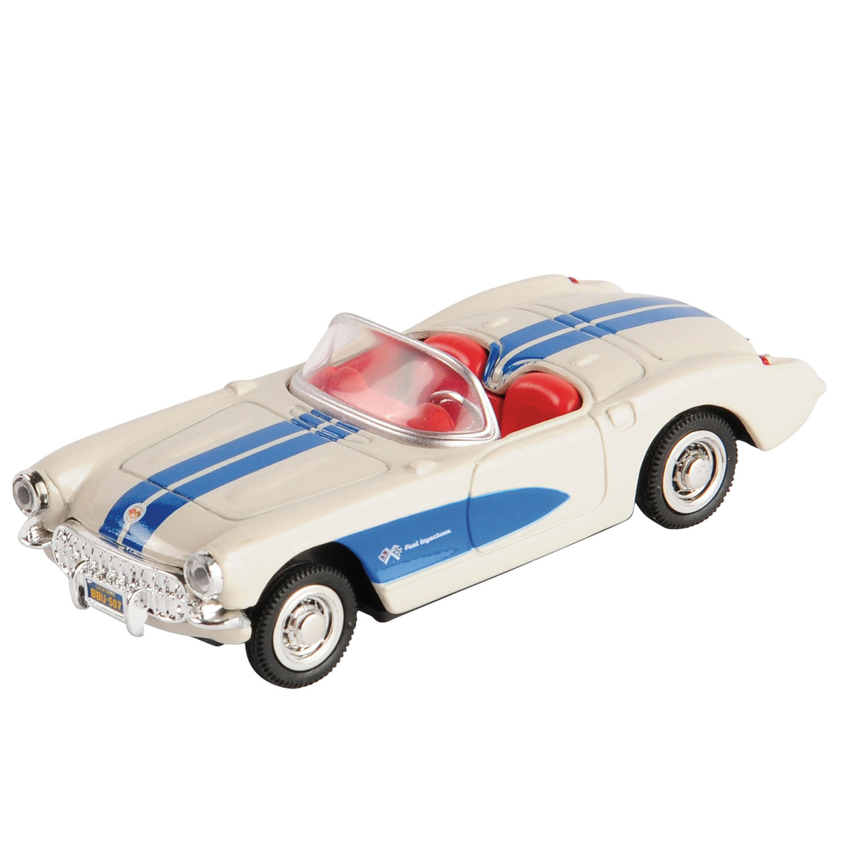 White classic die-cast convertible toy car with blue racing stripes and red interior