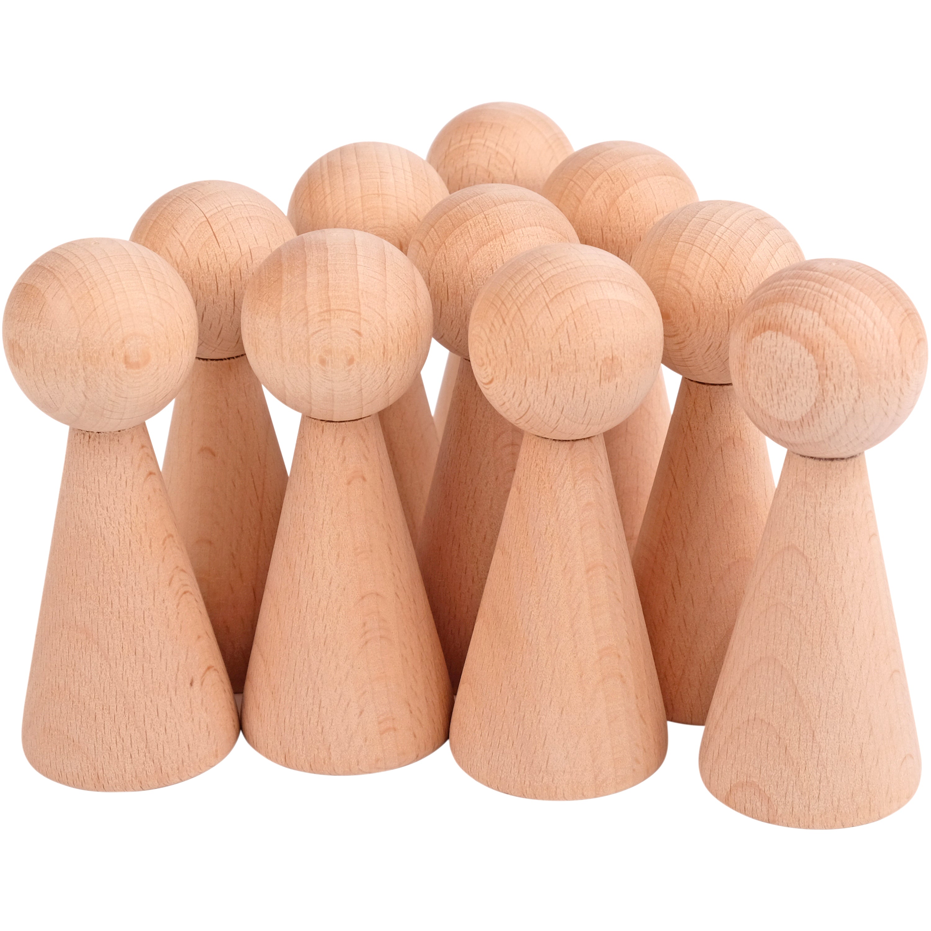 Set of wooden peg dolls on a white background