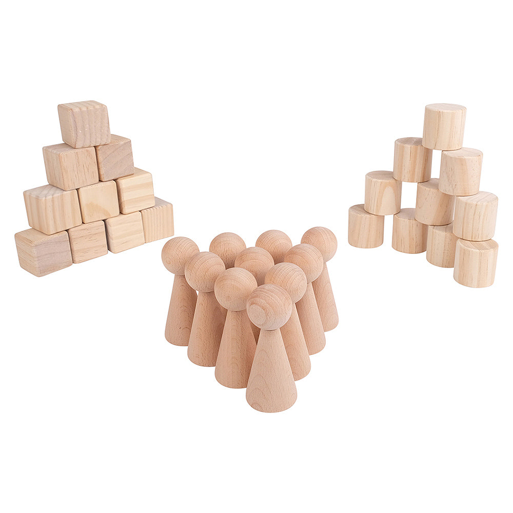 A variety of wooden blocks arranged in different shapes, including cubes, cones, and spheres.