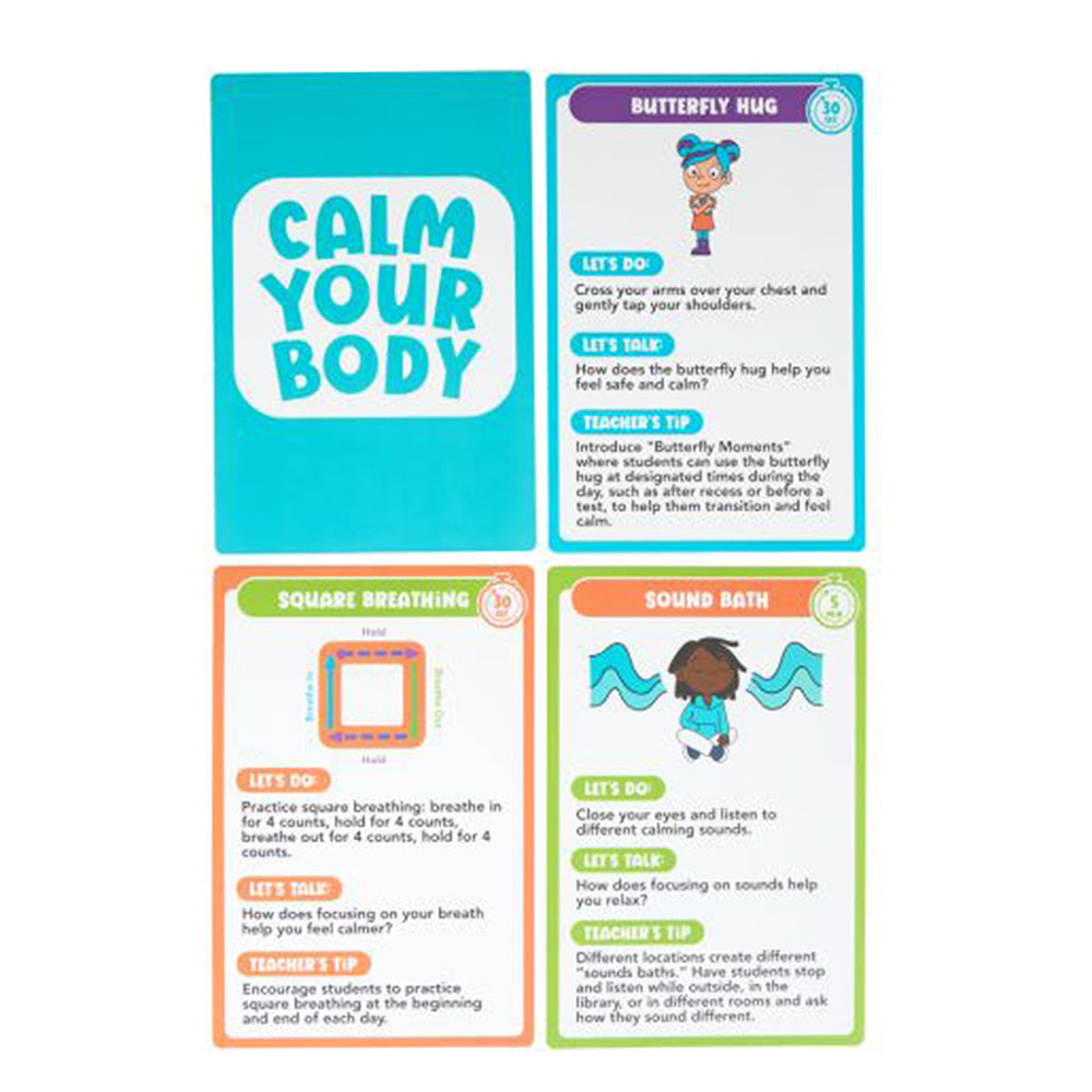 Educational cards on a white background with 'Calm Your Body' theme.