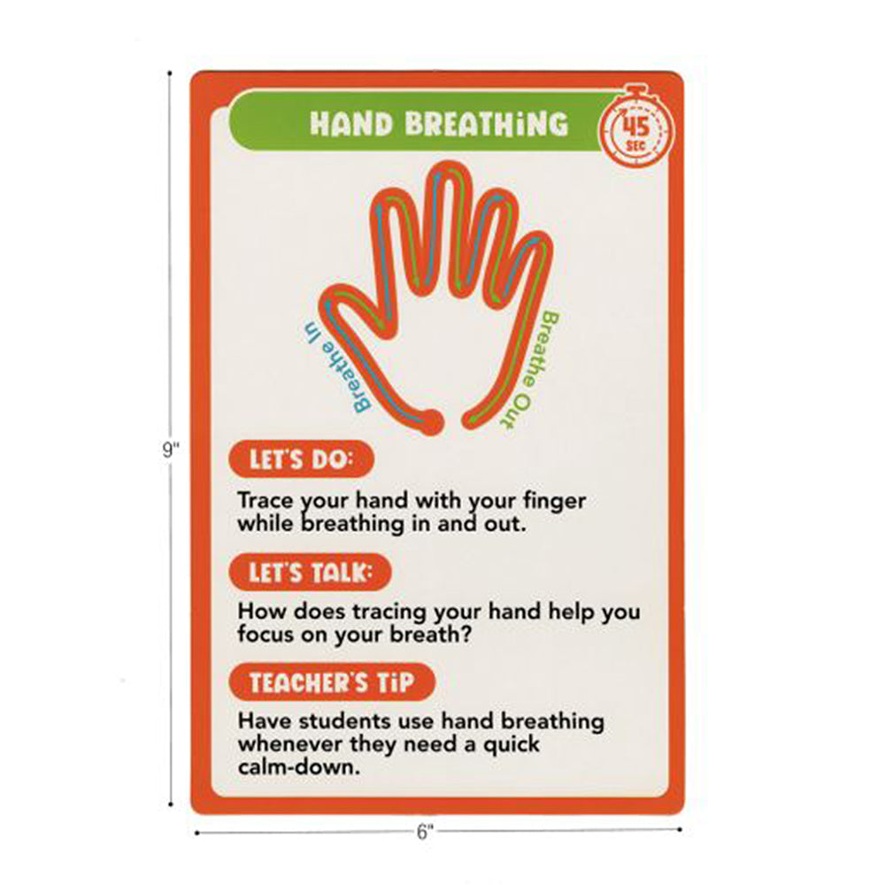 Educational card about hand breathing technique with a hand illustration and text instructions.