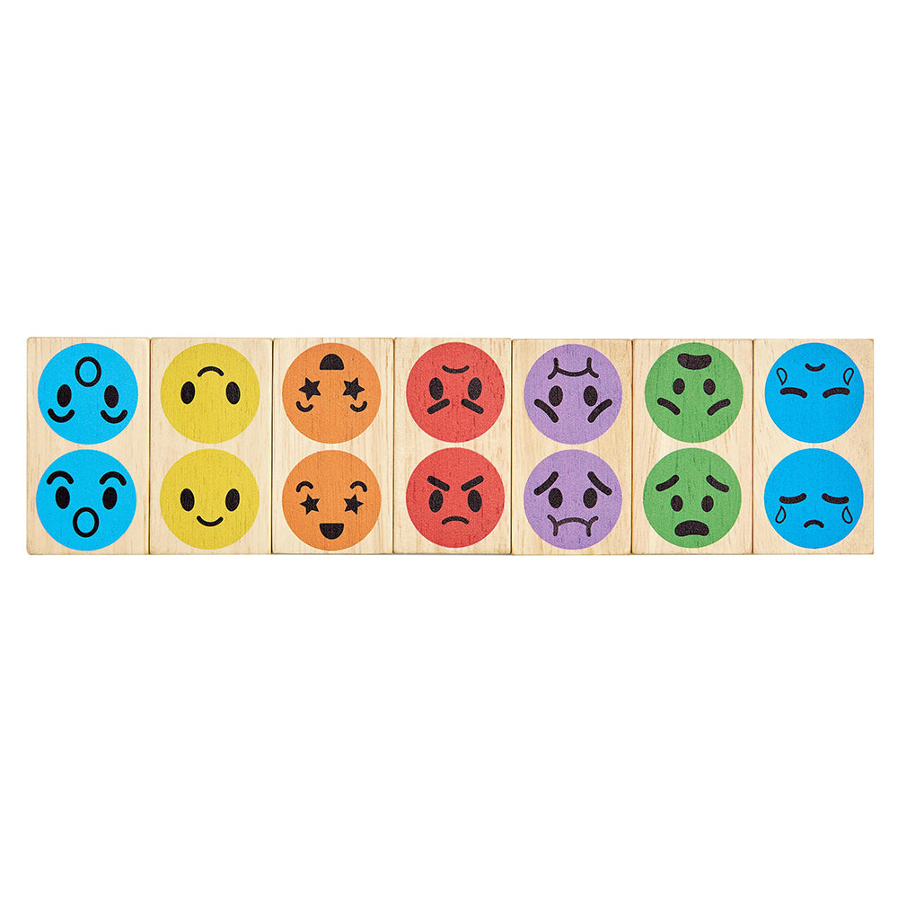 Set of wooden blocks with colorful emoji faces on a white background