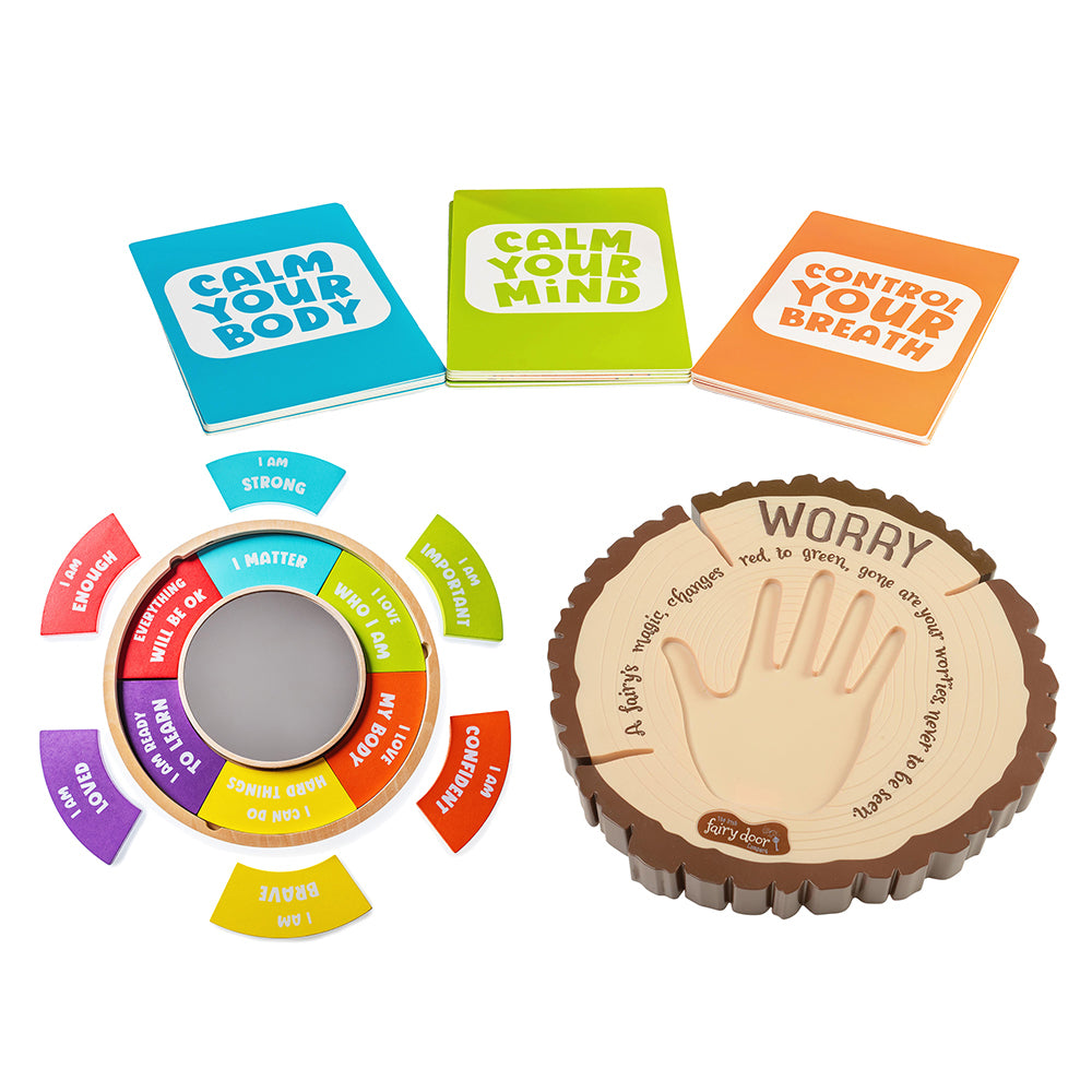 Set of educational tools for emotional regulation on a white background