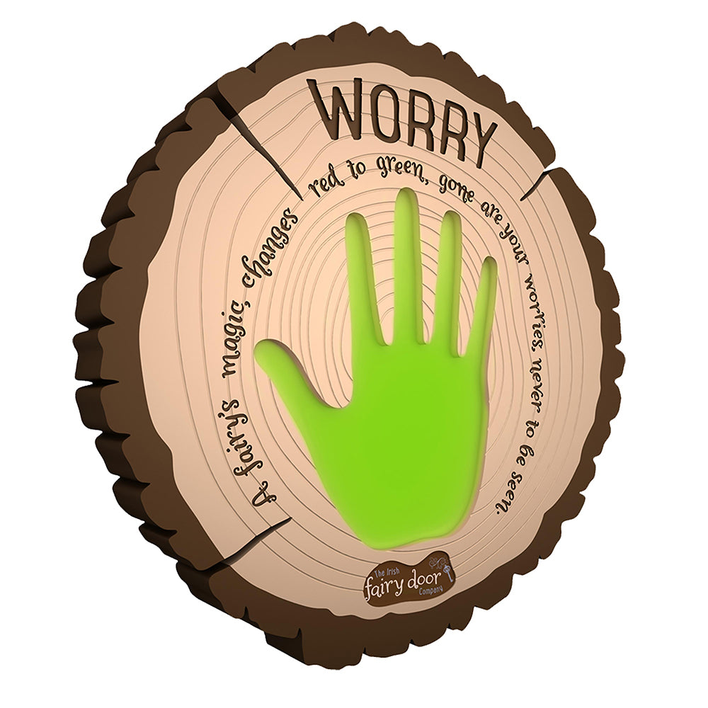 Wooden plaque with a green handprint and 'Worry' text on a white background