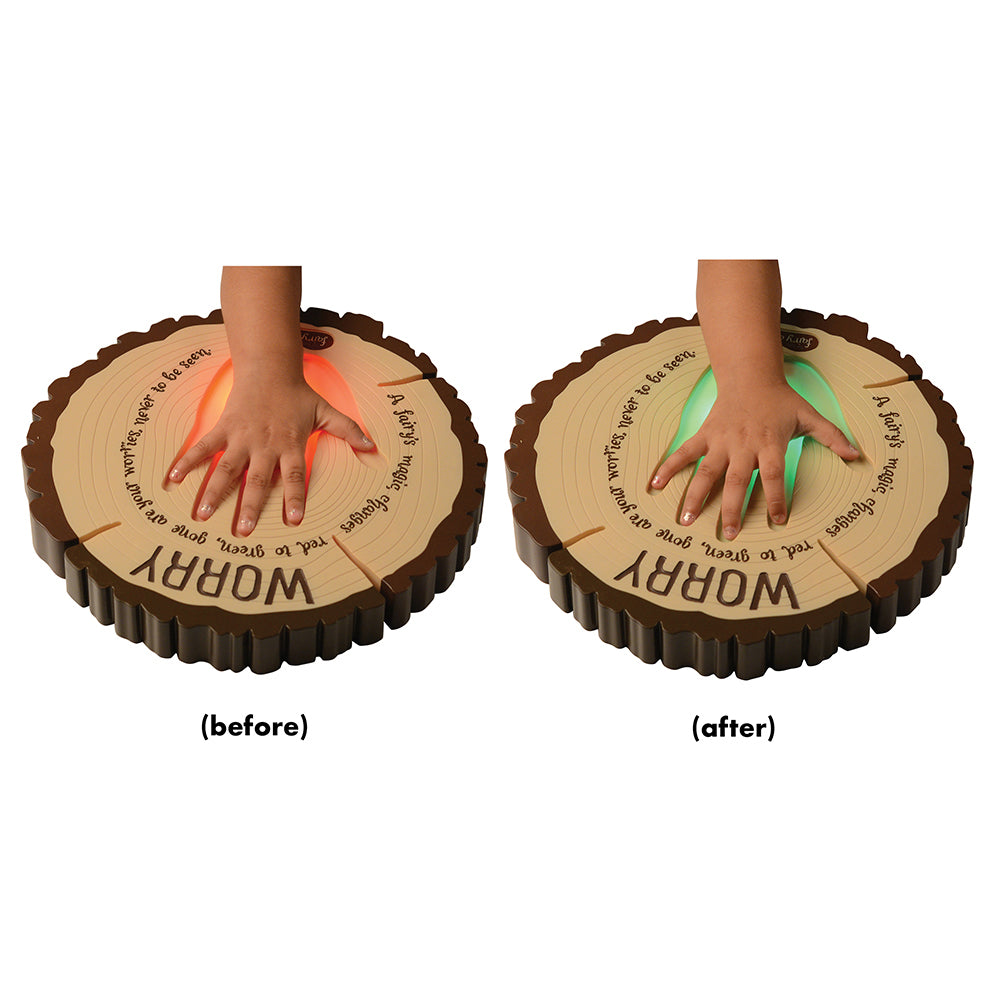Two circular wooden toys with hands on them, labeled 'before' and 'after'.