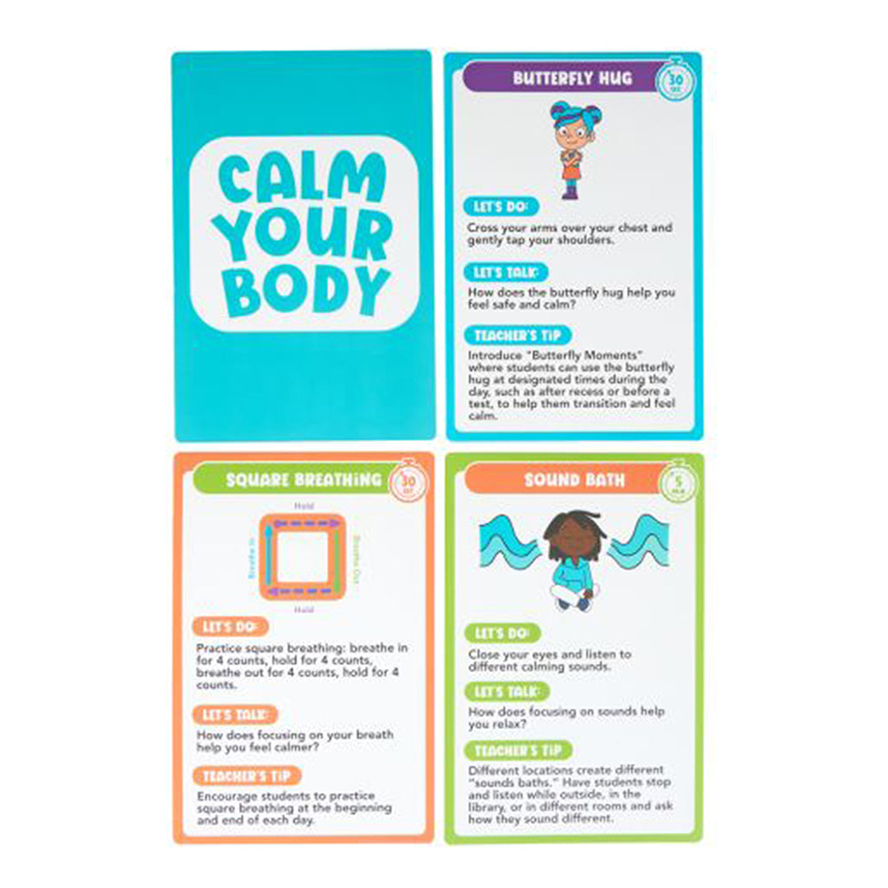 Set of educational cards with activities to calm the body on a white background
