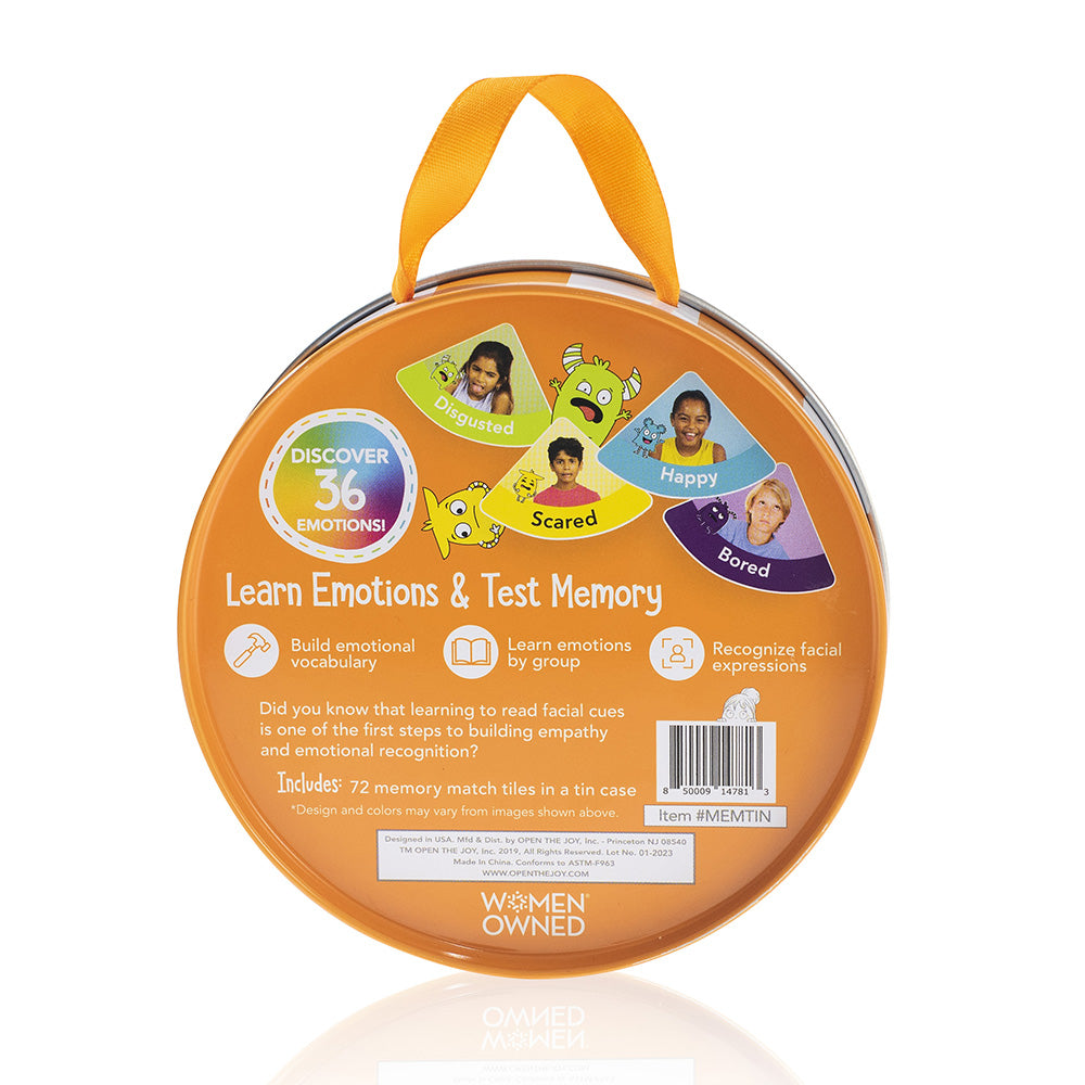 Orange toy packaging with facial expression cards and text on a white background
