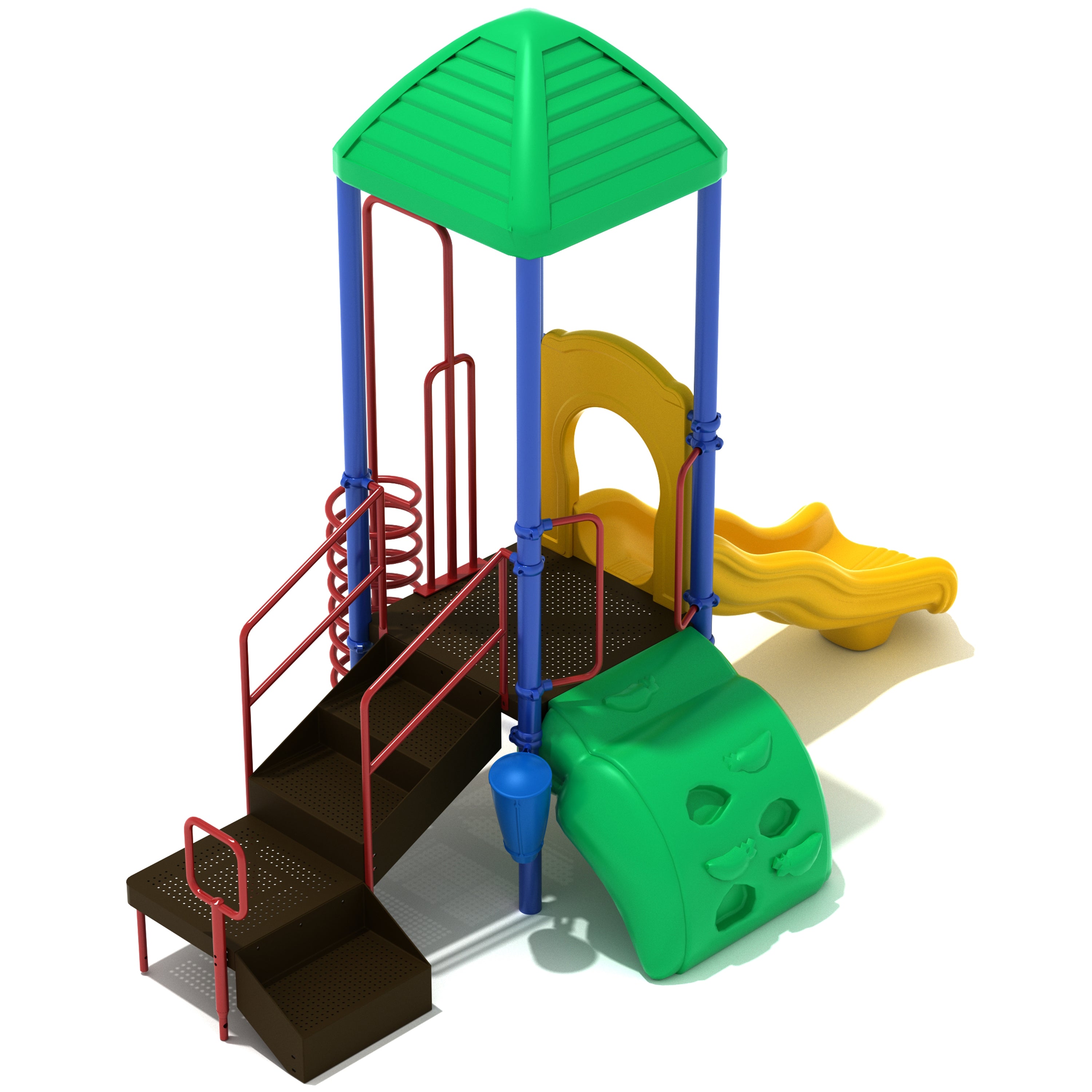 Children's playground structure with green roof, yellow slide, and red and blue accents on a white background
