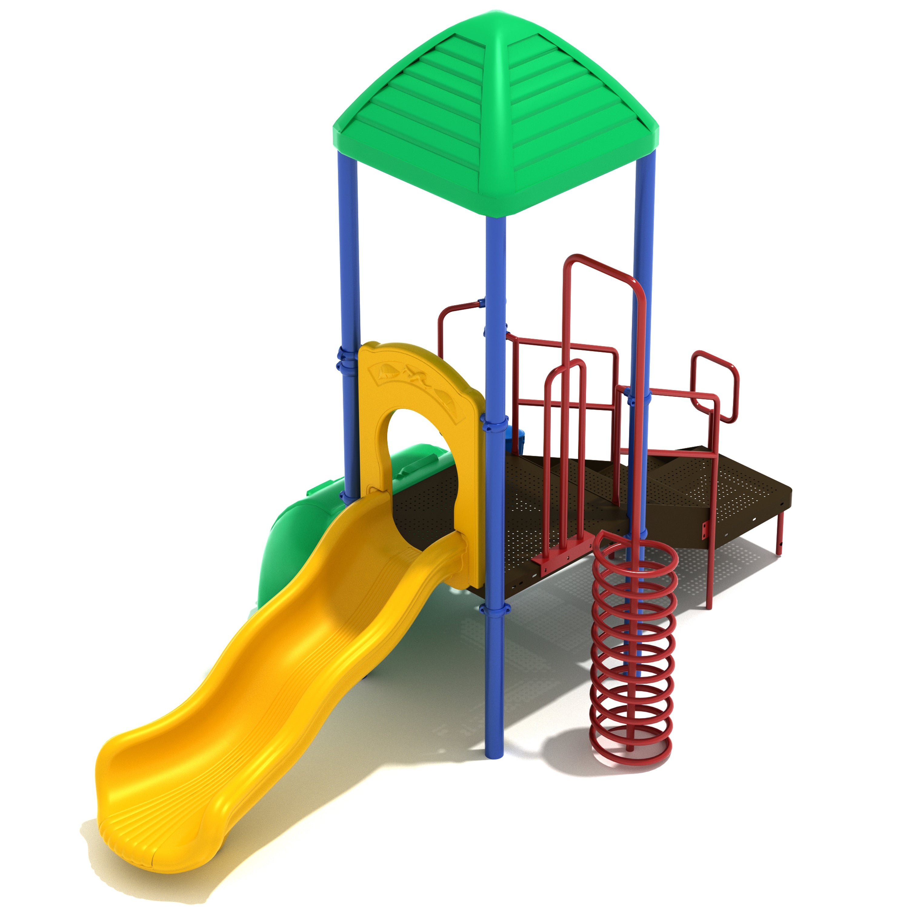 Colorful playground structure with a yellow slide, green roof, and red spring toy on a white background.