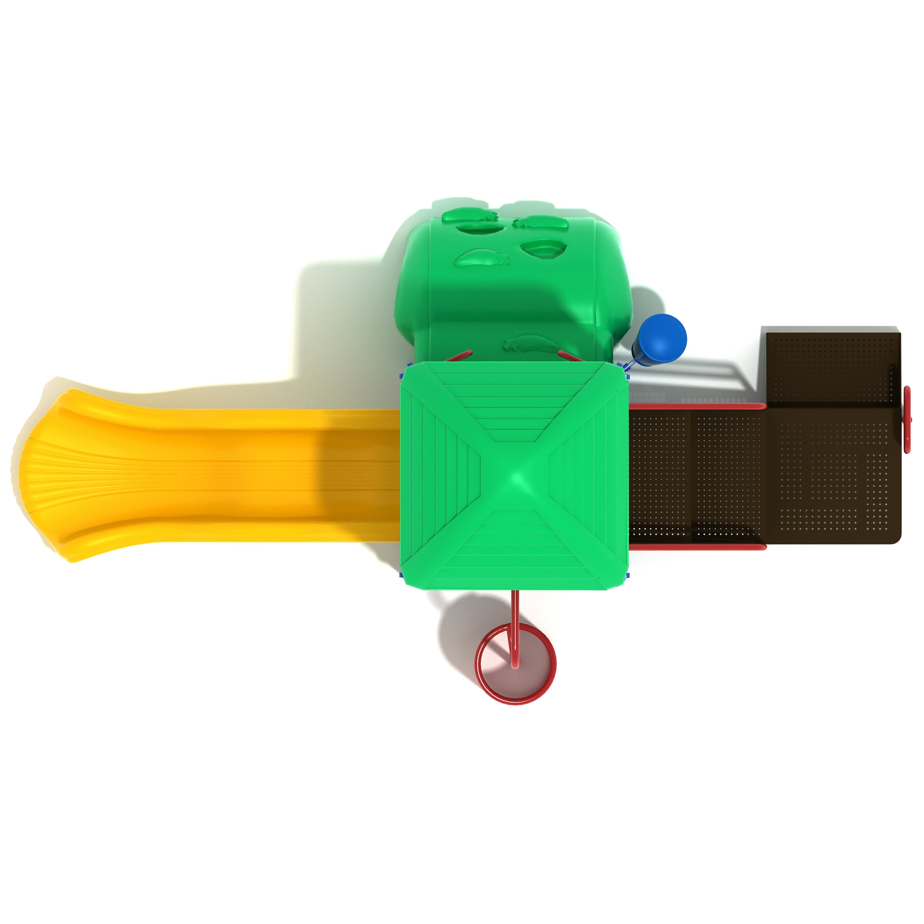 Top view of playground with green, yellow and brown body on a white background