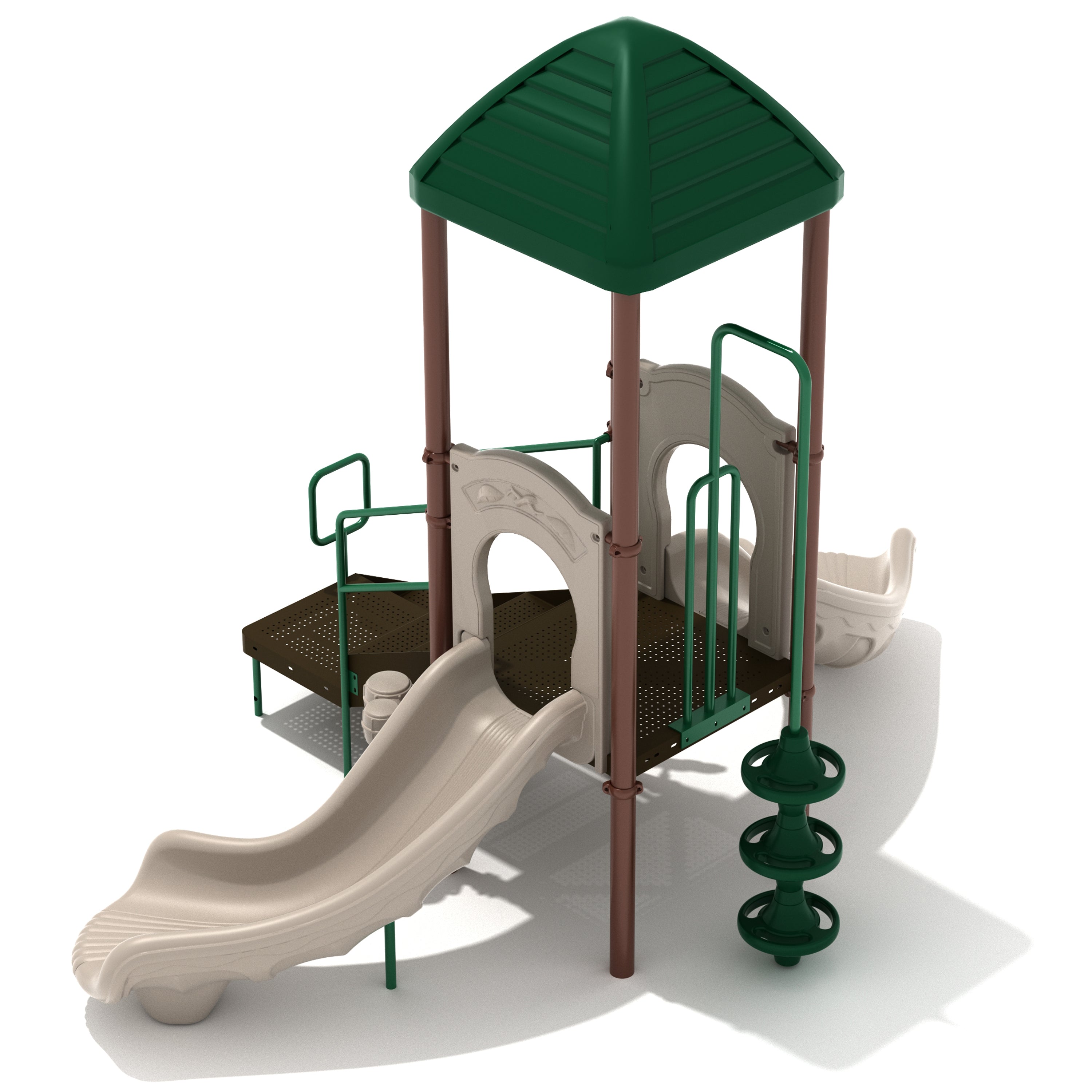 Children's playground structure with slide, climbers, and lookout tower on a white background