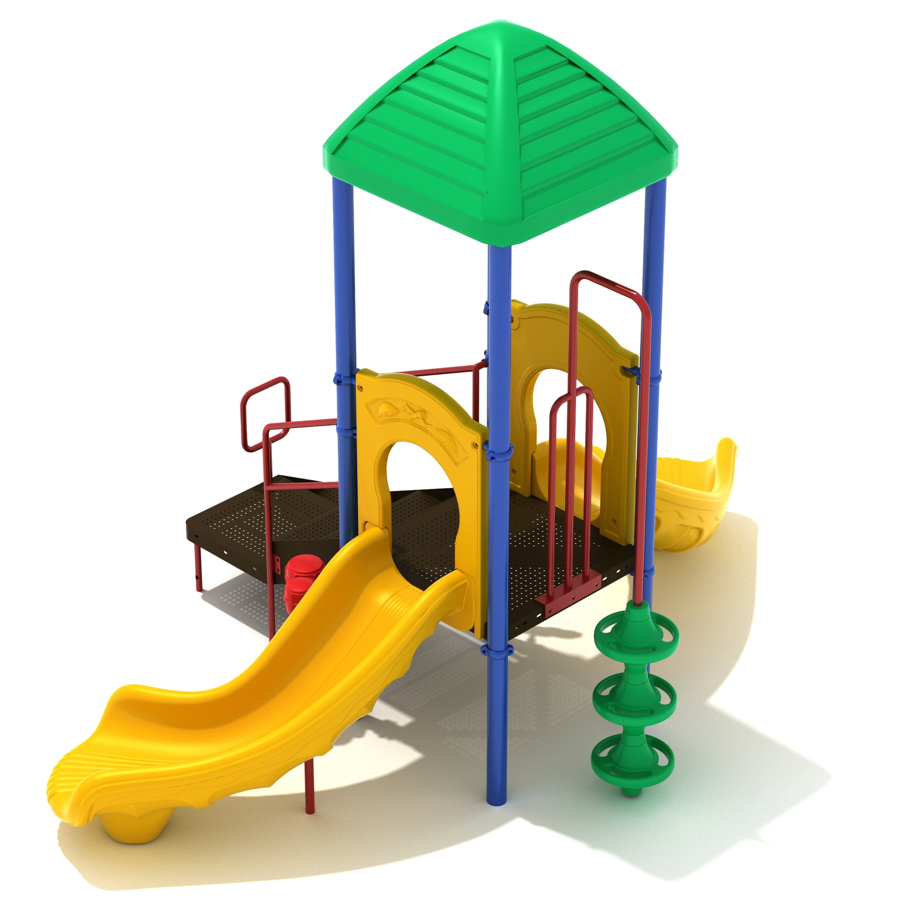Colorful playground structure with slides and climbing elements on a white background