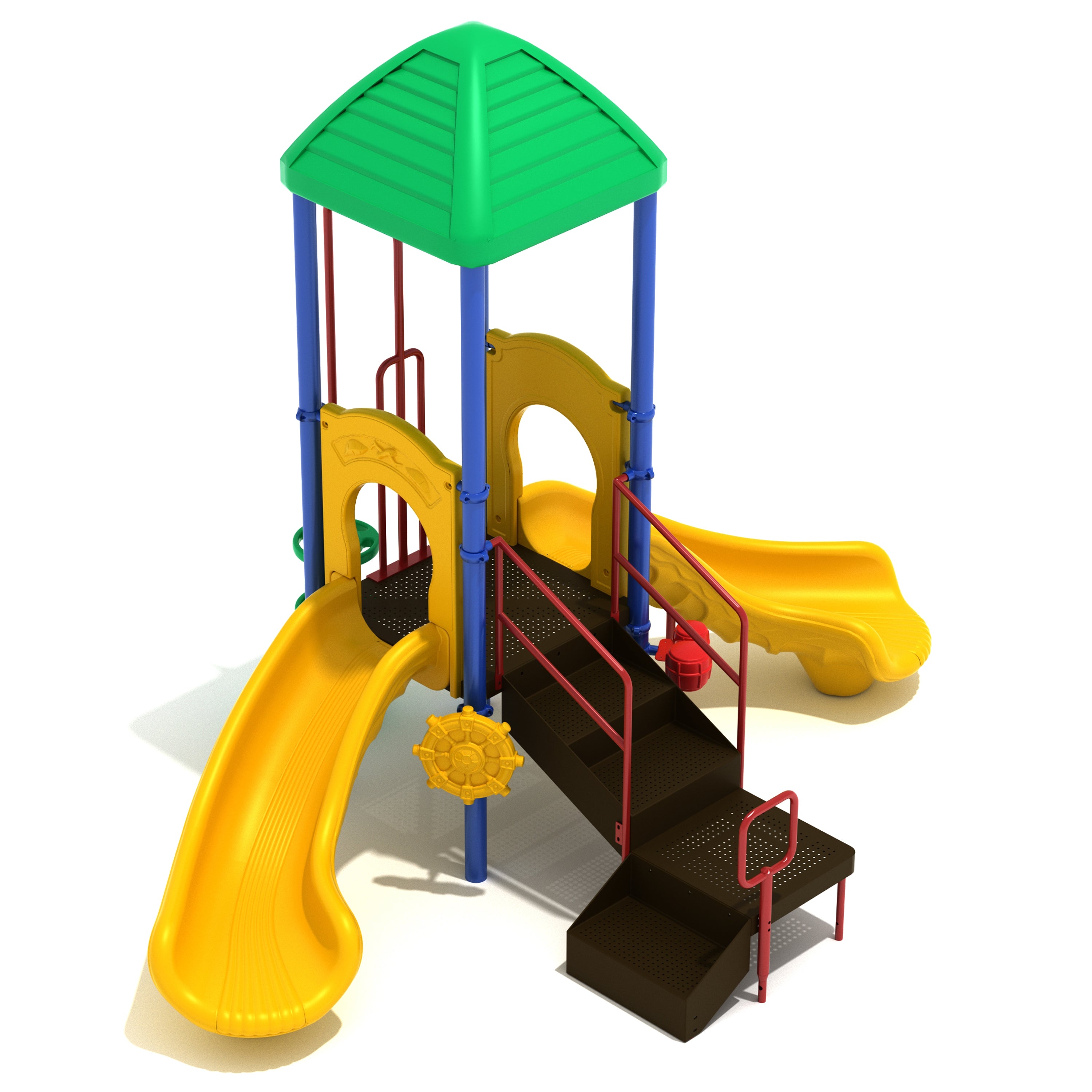 Colorful playground structure with slides and climbing elements on a white background