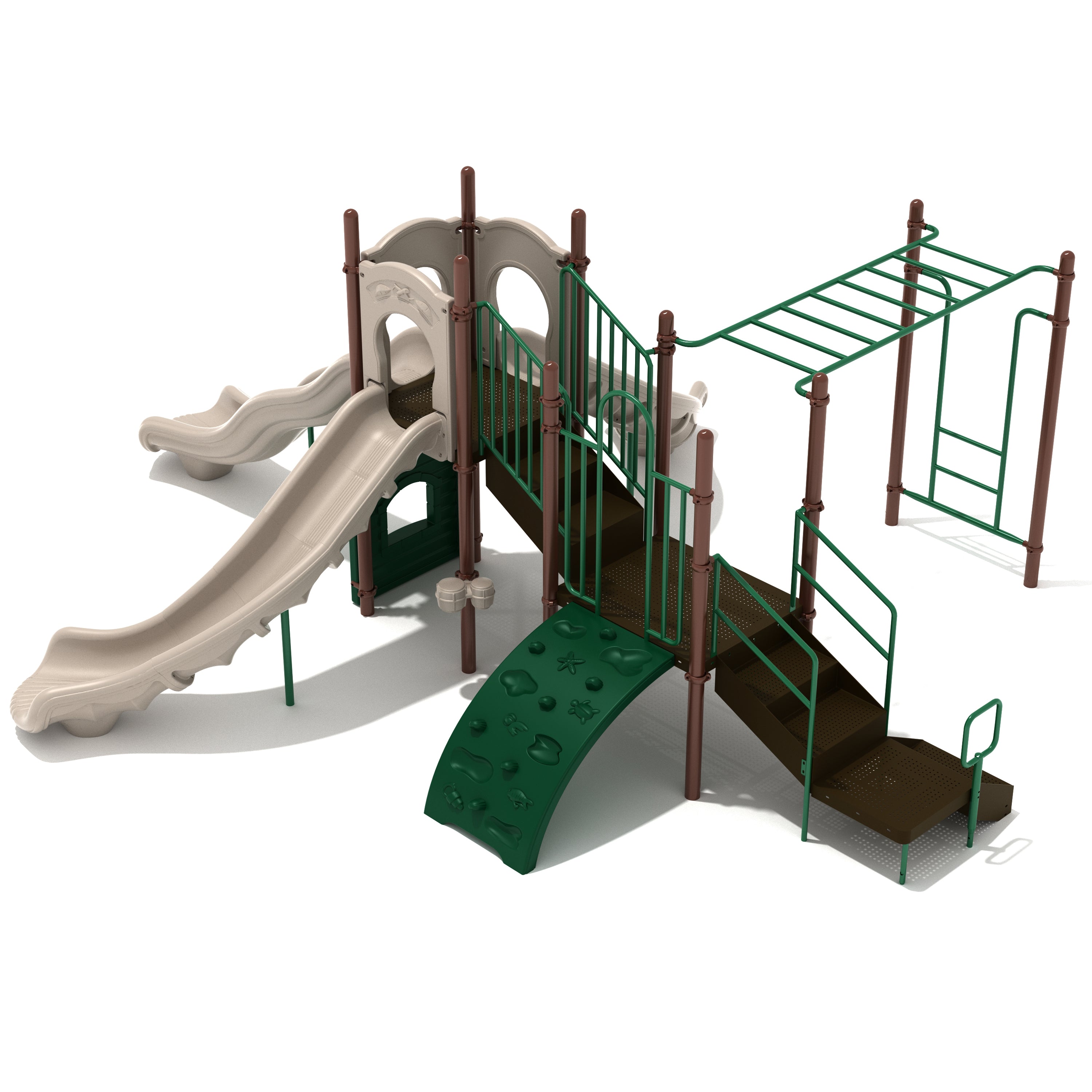 Playground structure with slides and climbing elements on a white background