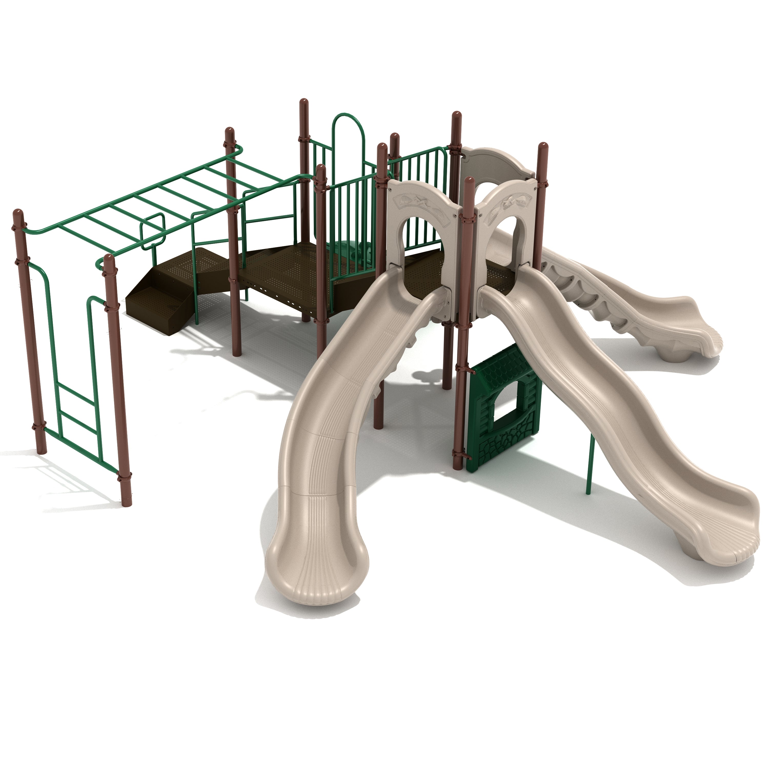 Playground structure with slides and climbing equipment on a white background