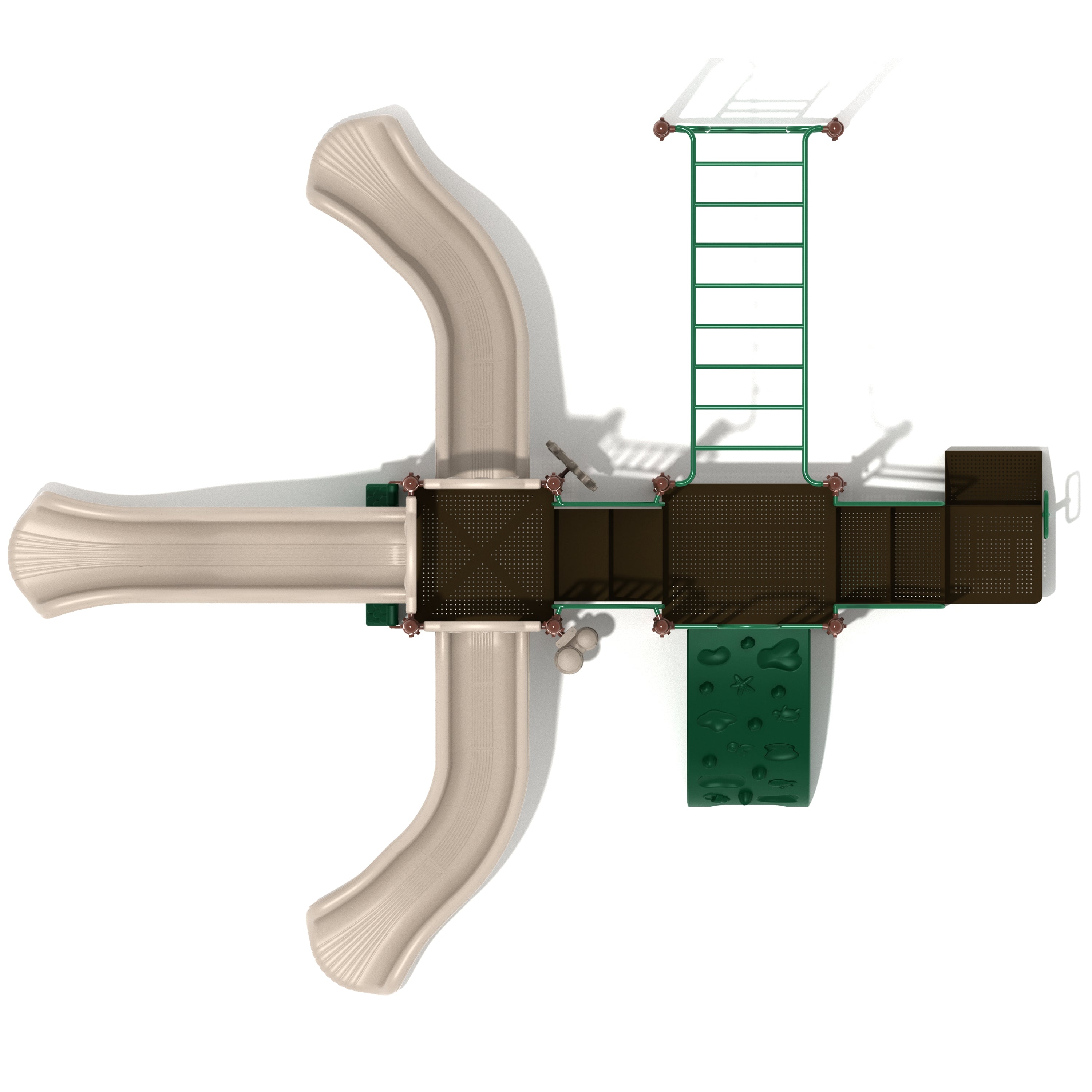 Children's playground structure with slide, platform, and ladder on a white background