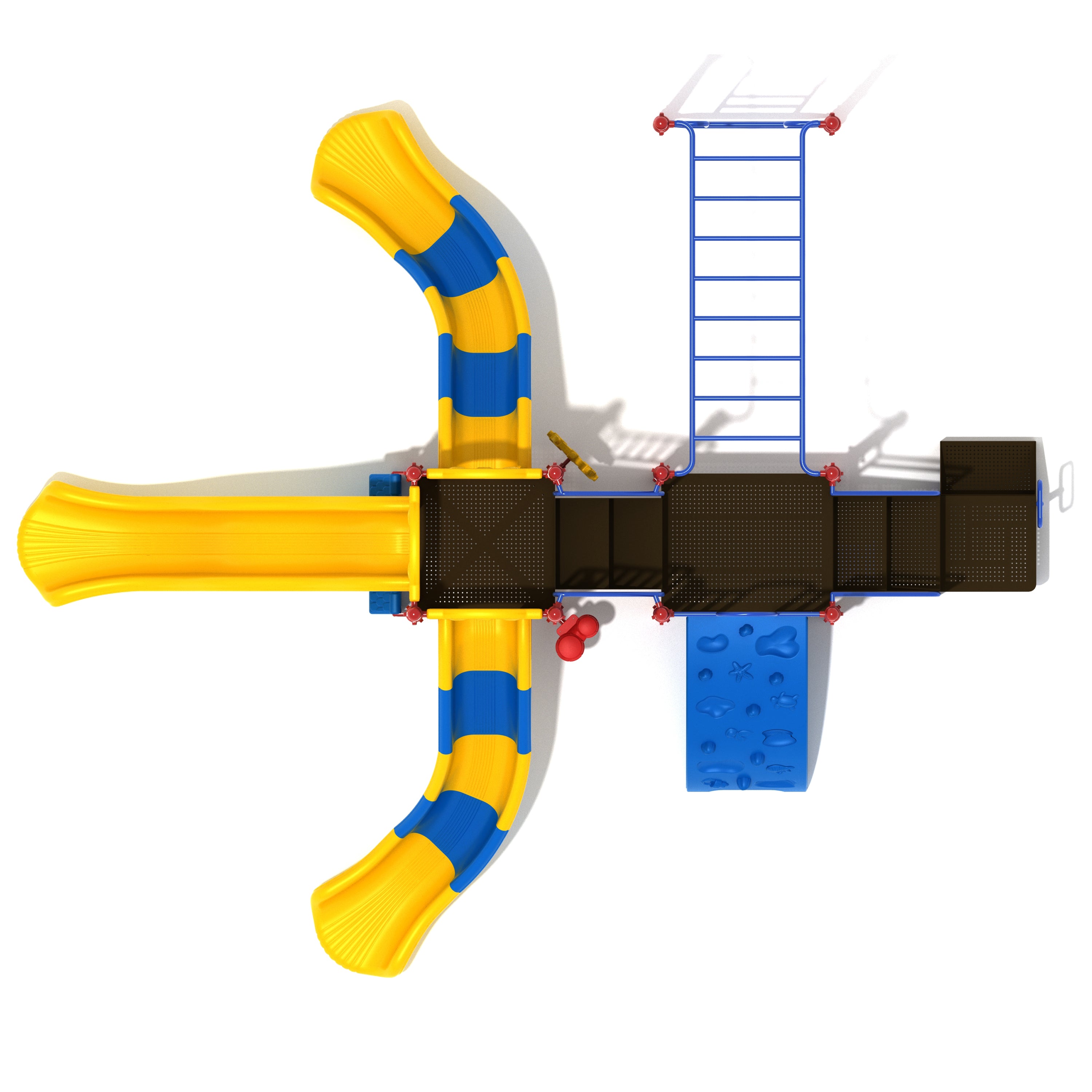 Children's playground structure with yellow and blue slides, a blue ladder, and brown platforms on a white background.