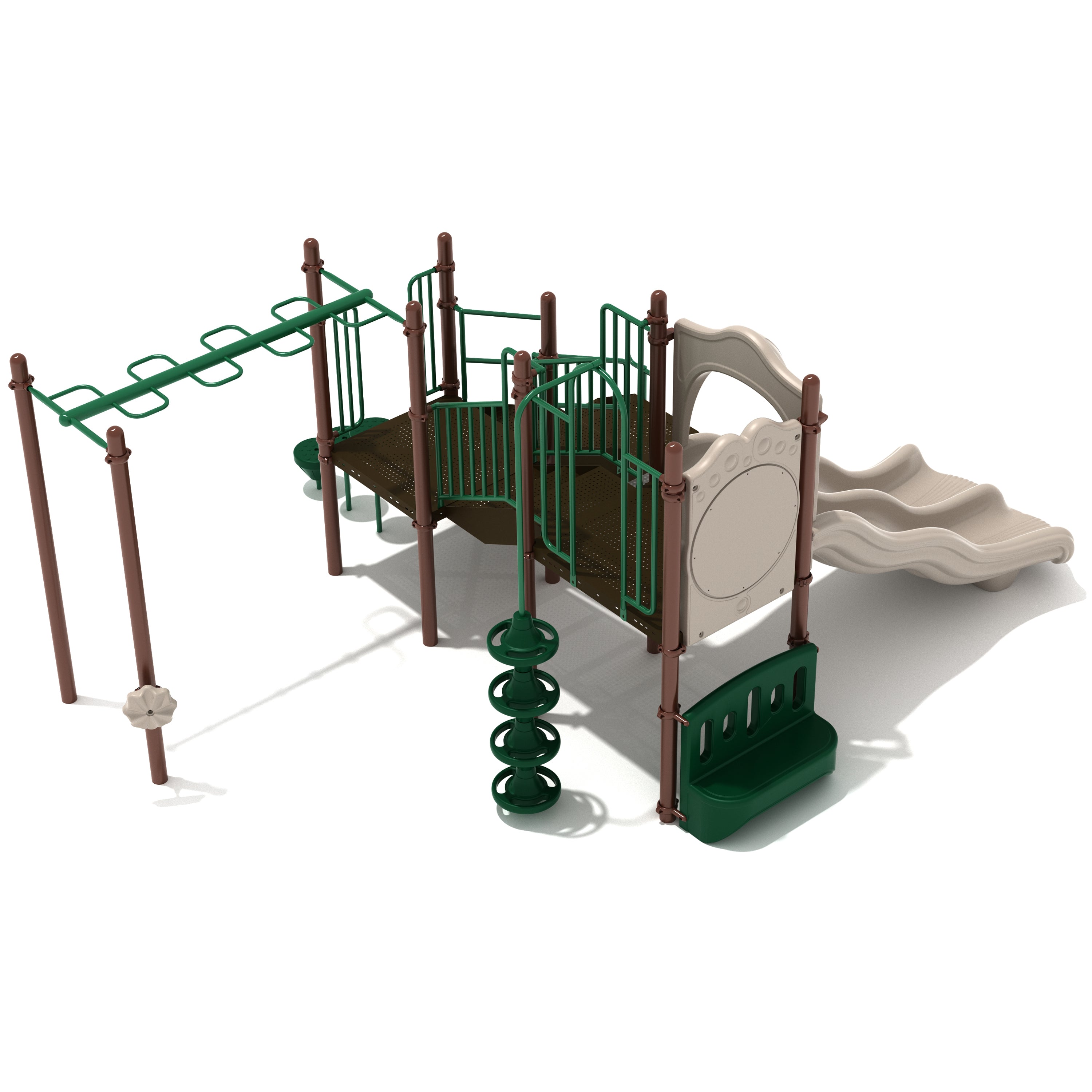 Playground structure with green and brown elements on a white background