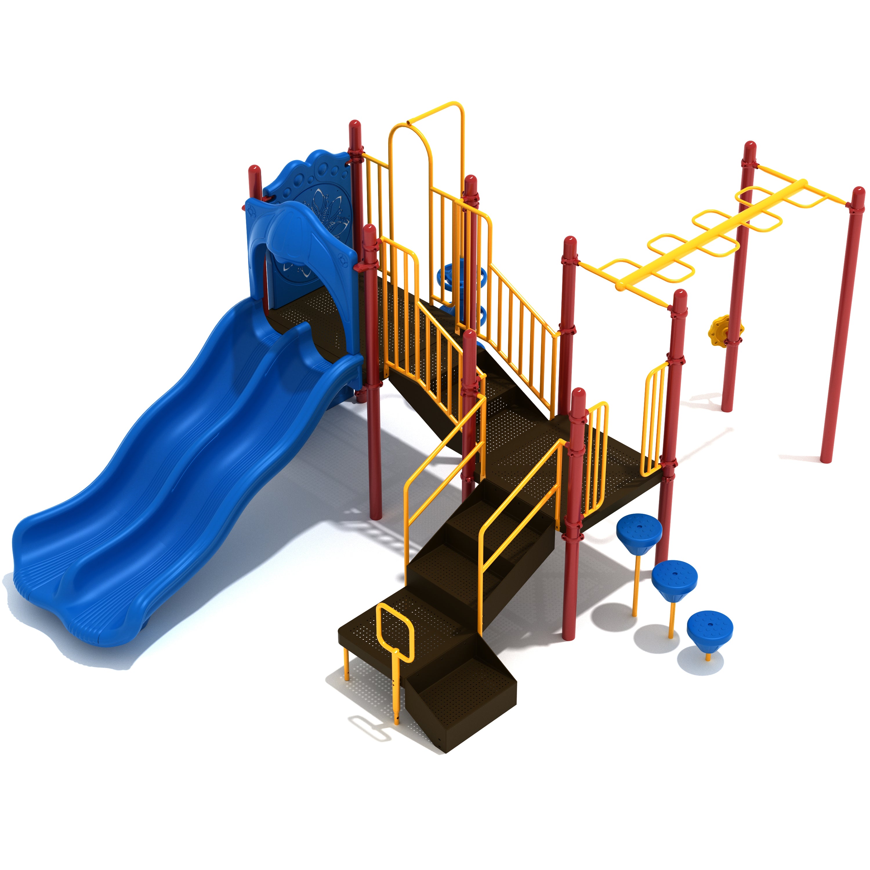 Colorful playground structure with blue slide, yellow and red monkey bars, and steps on a white background